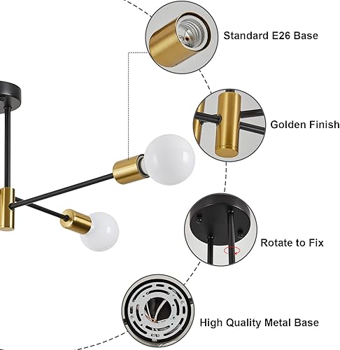 Miniatura 6 de Sputnik - Lámpara de techo de 4 luces semiempotradas, lámparas industriales modernas E26 de mediados de siglo, iluminación de techo negra y dorada
