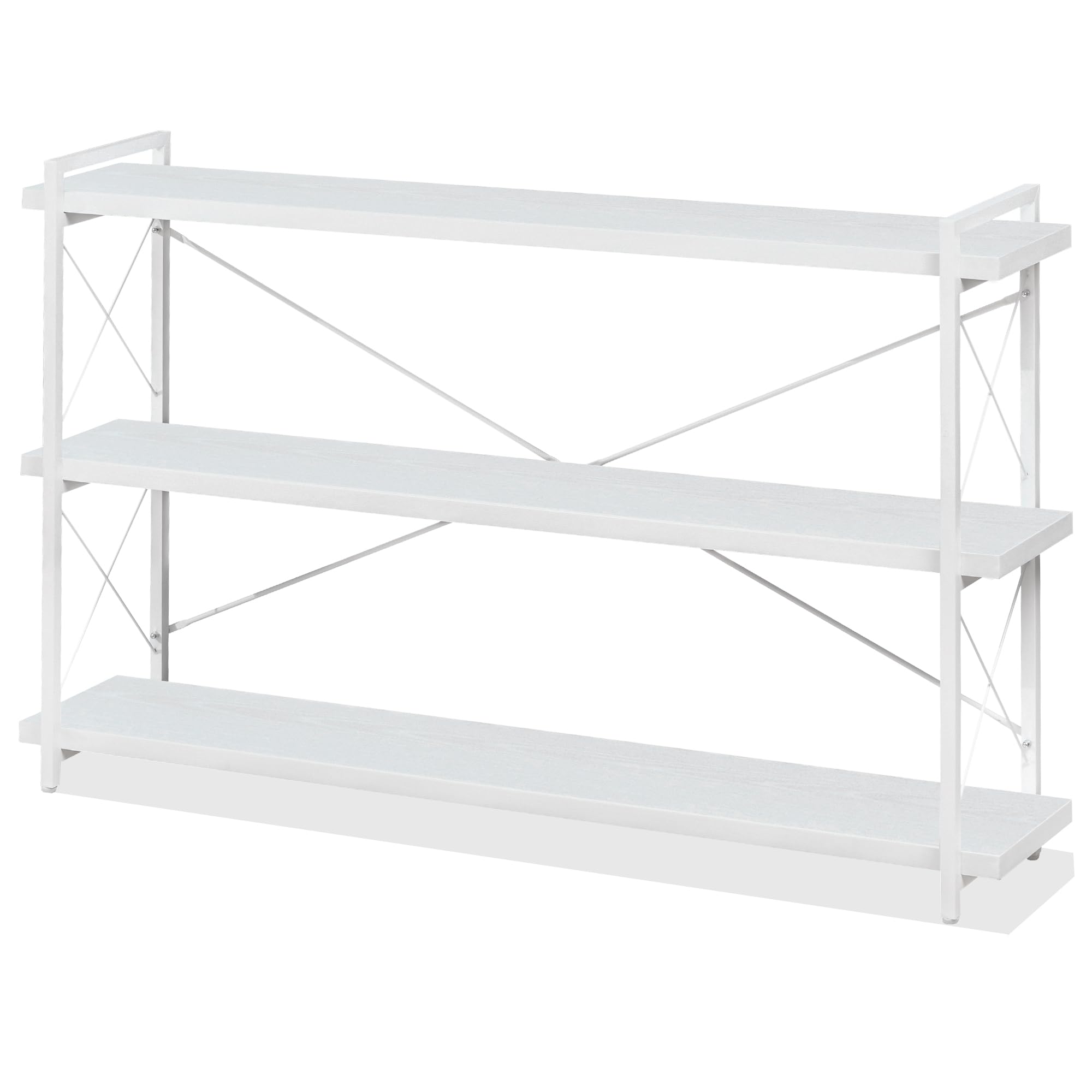 Bookshelf, 3-Tier Long Industrial Bookcase, White Open Book Shelf, Freestanding Horizontal Bookshelves with Metal Frame