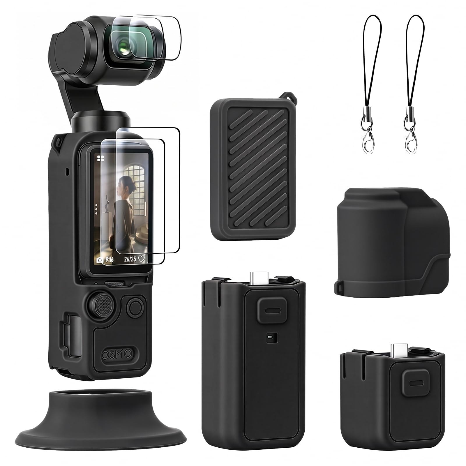 AMAZEAR Coque de Protection en Silicone pour DJI OSMO Pocket 4, Pocket 4 Accessoire de Protection Souple avec Protection d'écran en Verre trempé, Protection d'objectif, Support en Silicone, Noir