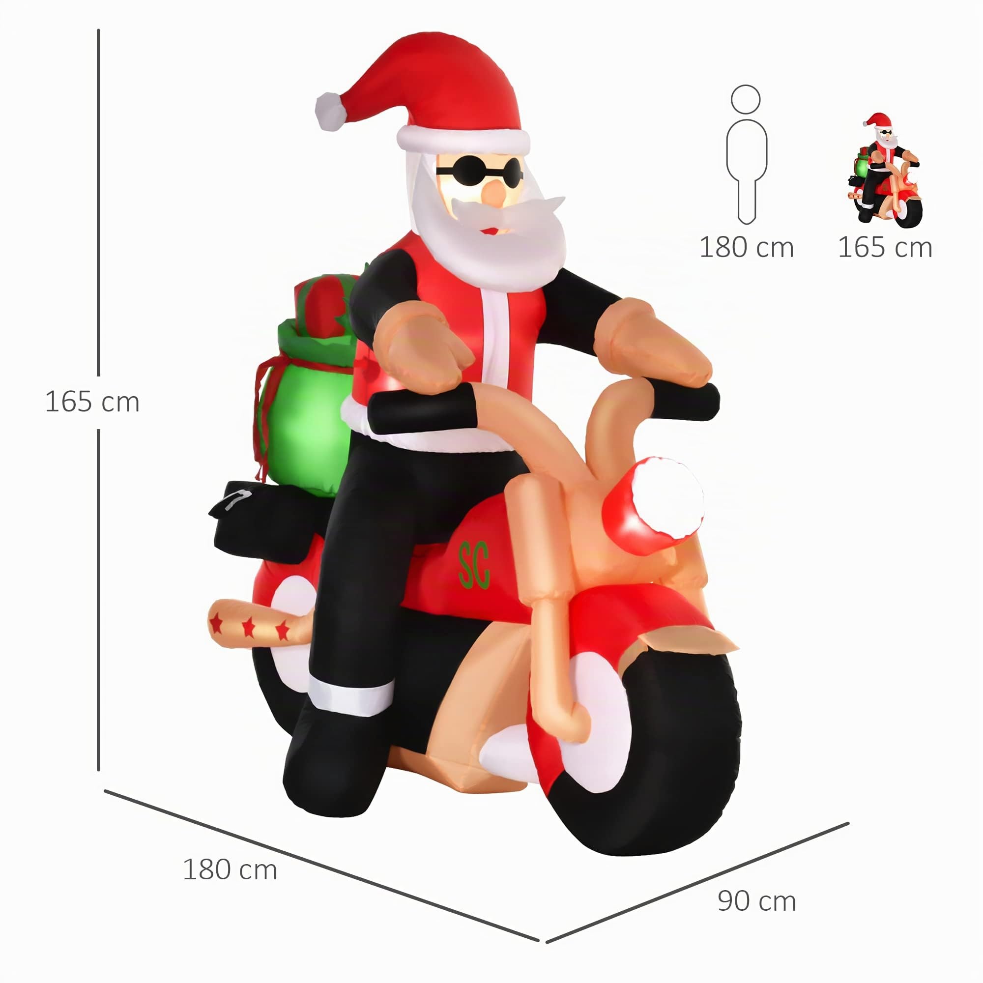 HOMCOM Aufblasbarer Weihnachtsmann auf einem Motorrad Beleuchtet 165 cm | Riesige Aufblasbar Weihnachtsdeko, LED-Licht, Weihnachtsdekoration, Santa Claus Nikolaus, für Drinnen/Draußen Garten Party