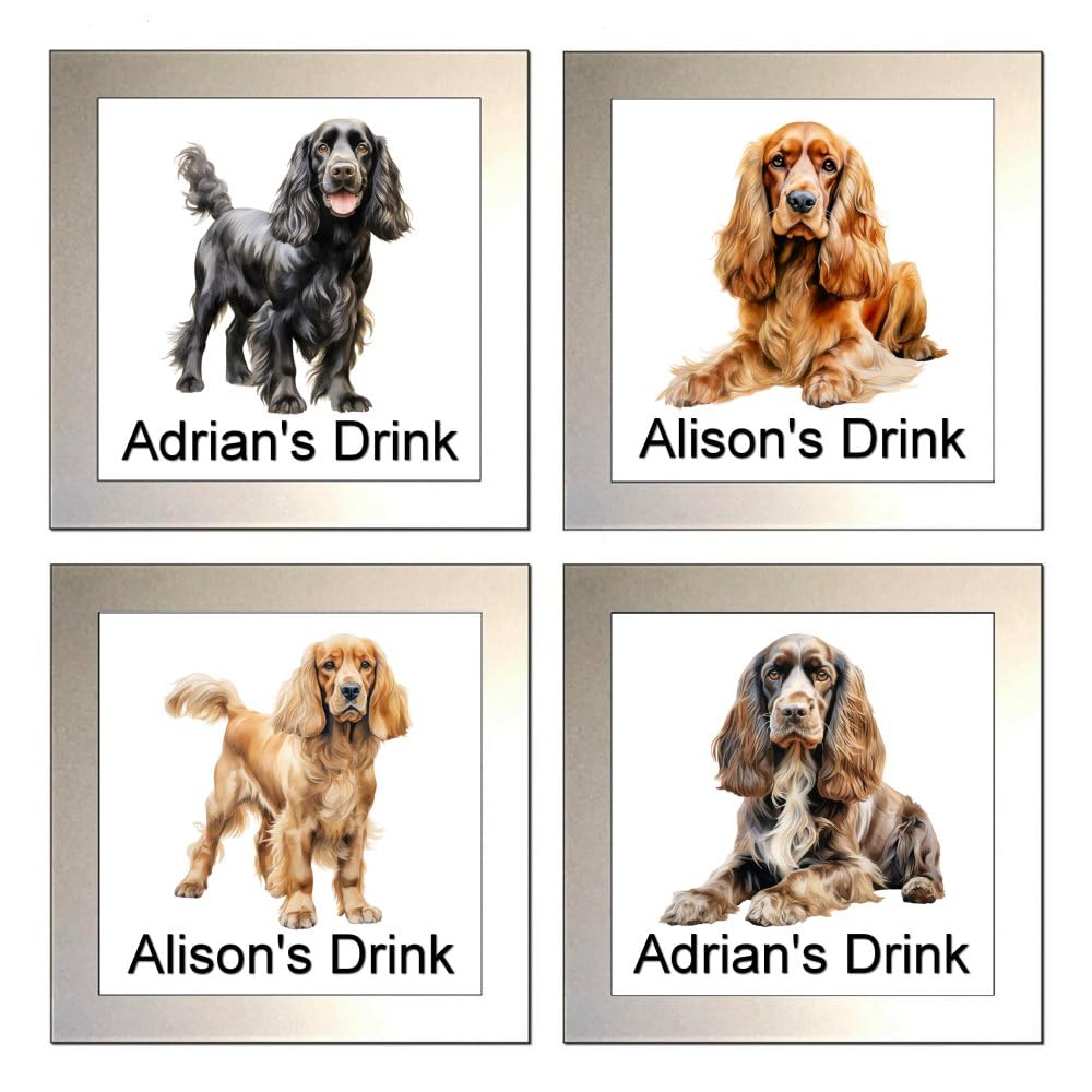 Key Expressions Black,Silver Personalised Cocker Spaniel Glass Drinks Coaster - Four Designs Available