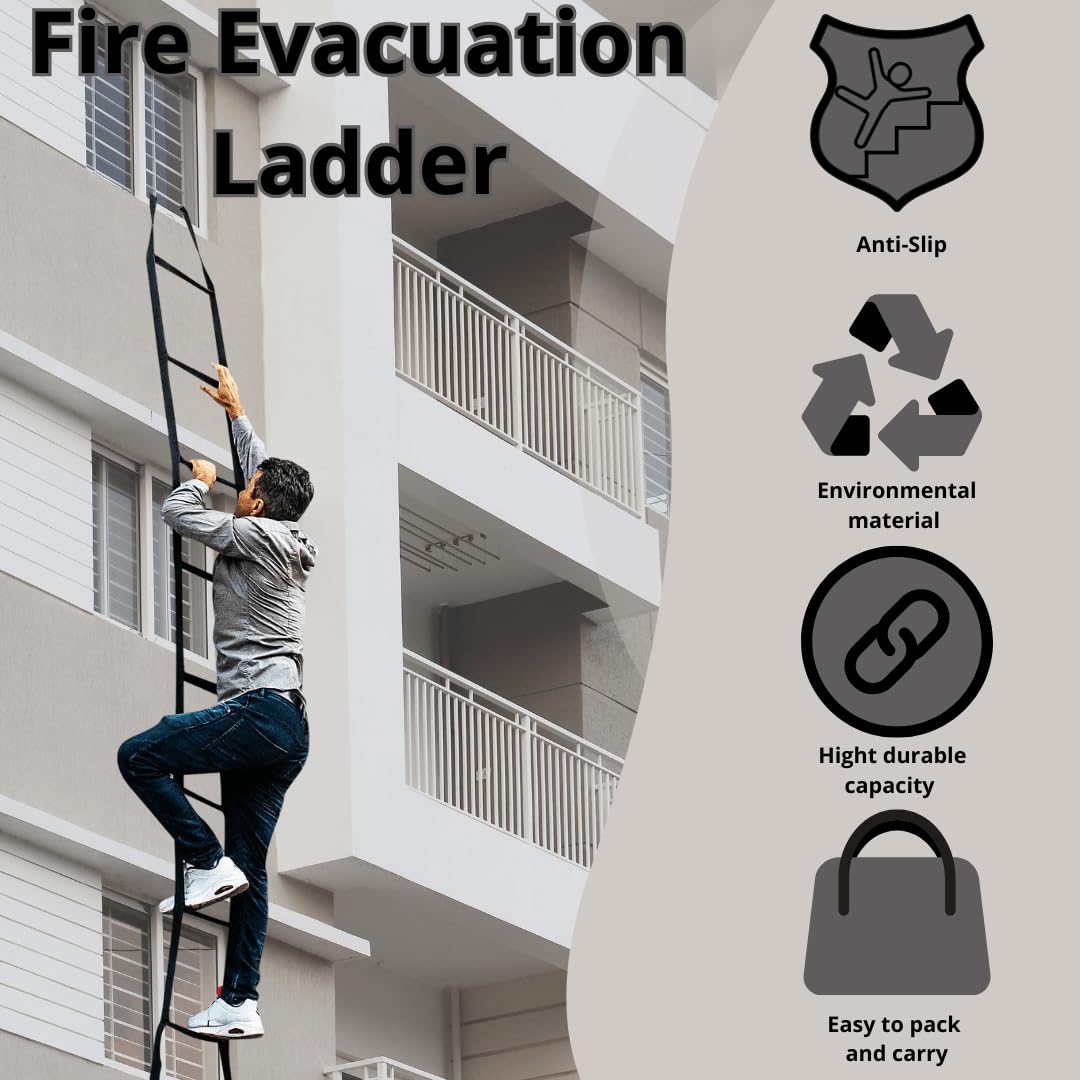 Escalera de Escape de Incendio de 6 Pisos 15 m | Cuerda de Seguridad Multifuncional y Resistente a la Intemperie | Cinta Con Ganchos de Resorte | Ligera, Compacta y Portátil
