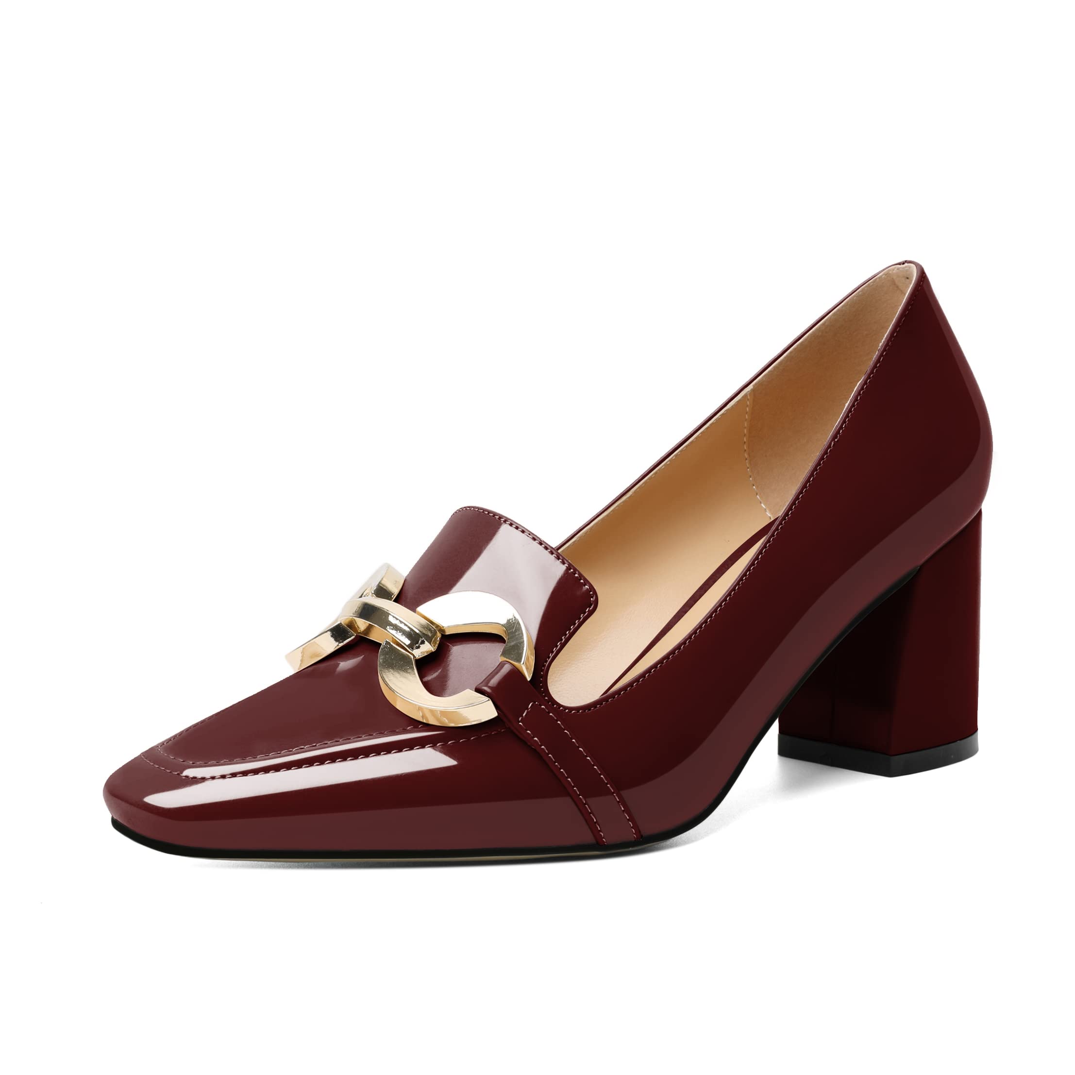 Joseywade Women's Block Heel Pumps Square Toe Low Chunky Heel Slip On Loafer 2.5 '' Chain Closed Toe Comfort Shoes