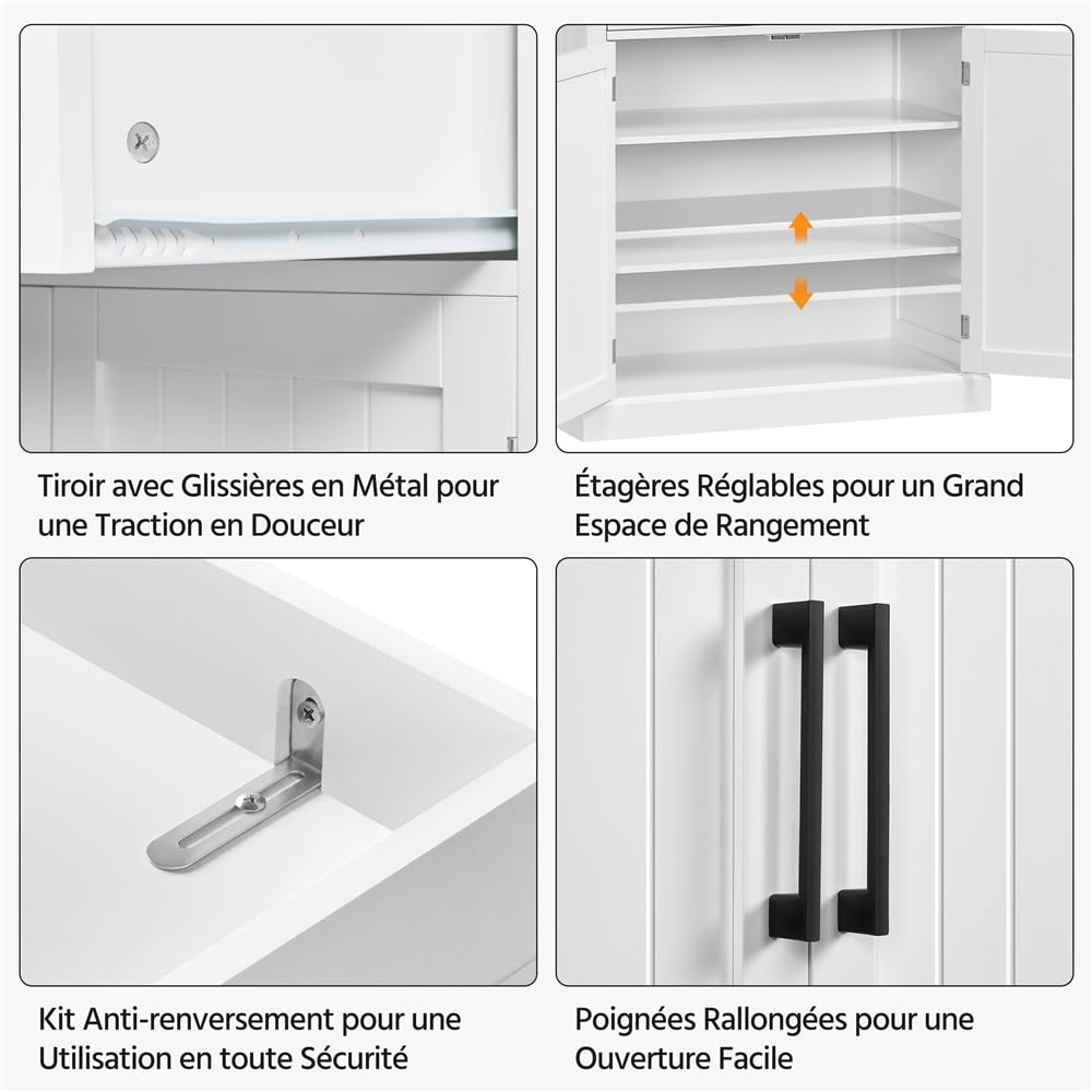 Yaheetech Buffet Haut Cuisine, Meuble de Cuisine avec 6 Étagères Réglables et 2 Tiroirs, Armoire de Rangement Polyvalente, Armoire Vestiaire pour Salon Chambre Bureau 76,5 x 40,5 x 183 cm Blanc