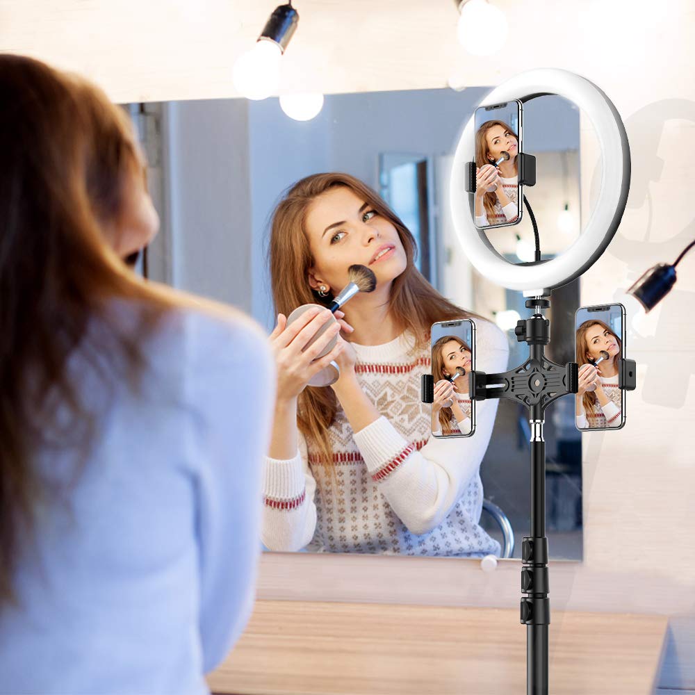 10"Selfie-Ringlicht mit 63" Stativ-Ständer, Bluetooth-Fernbedienung, 3 Handy-Halterungen & Mikrofon-Clip, Circle Lights LED-Ringlicht für Tik Tok/YouTube Videos, Make-Up, Fotografie & Live-Streaming