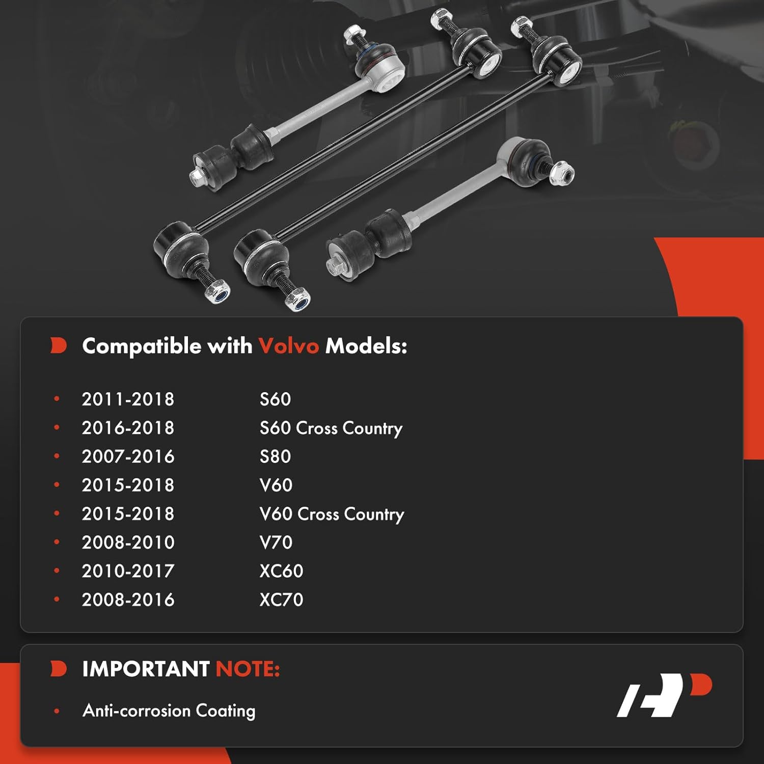 A-Premium Set of 4, Front and Rear Sway Bar Links Stabilizer Bar Links Kit, Compatible with Volvo XC60 2010-2017, S60 2011-2018, XC70 2008-2016, S80 2007-2016, V60 2015-2018, V70 2008-2010