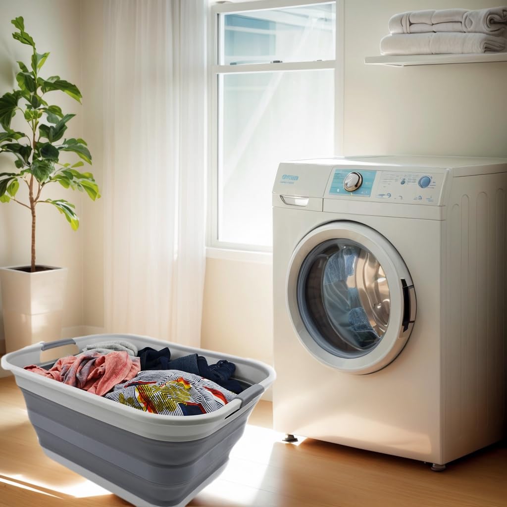 SAMMART 42L - Cesto portabiancheria, in plastica, pieghevole, bacinella portatile, salvaspazio (1 pezzo, grigio)