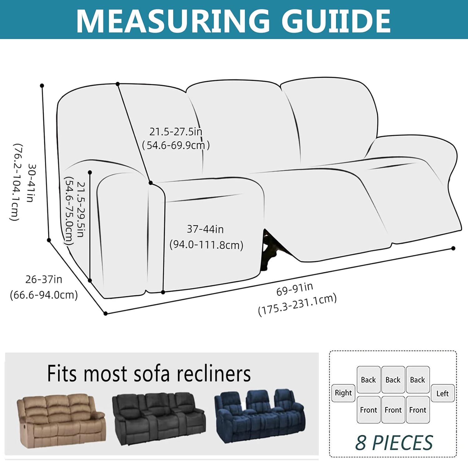 Recliner Sofa Slipcover 3 Seater, 8-Pieces Reclining Couch Covers Washable Replacement Armchair Covers Furniture Protector (Dark Grey,3 Seater)