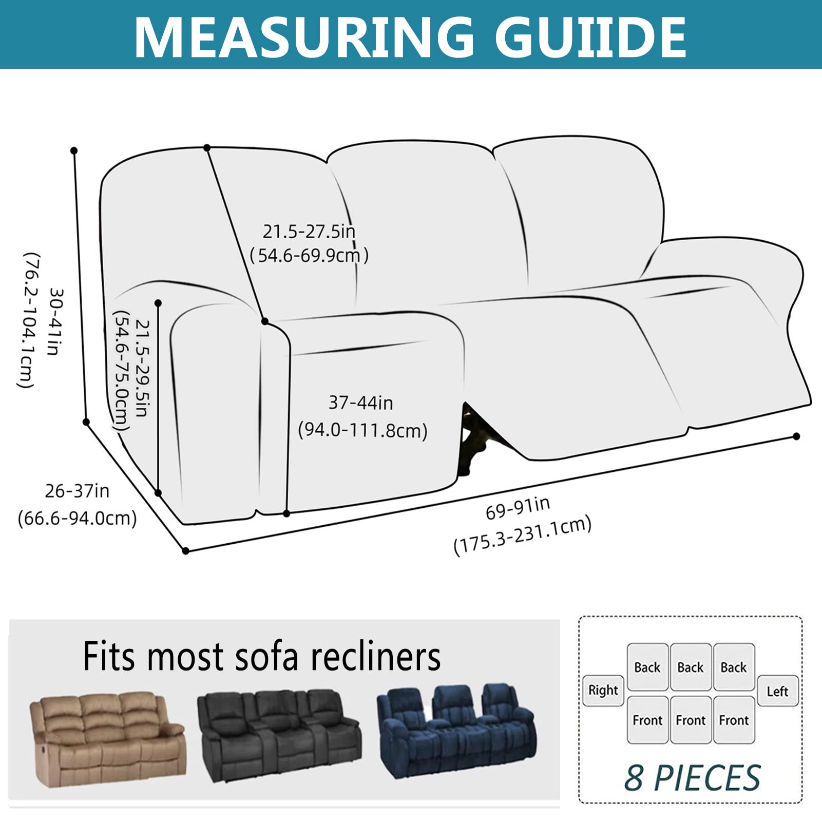 Funda de Sillón Reclinable Relax 1 2 3 Plazas Elástica Jacquard Suave Funda de Sofá con Bolsillos Laterales Protector de Muebles Cubre Sofá Antideslizante (Marfil,3 plazas)