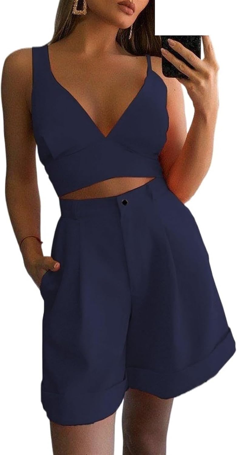 KIRYU Women's Summer 2 Piece Outfits Sexy Off Shoulder Sleeveless Crop Tank Top Short Straight Pants Sets Beach Vacation