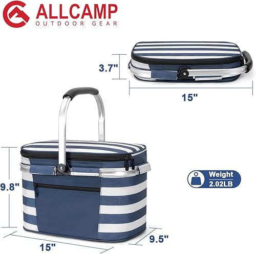 Miniatura 33 de ALLCAMP Cesta de pícnic, 2 cajas de hielo incluidas con enfriador aislado de 32 litros, cesta de picnic plegable gruesa con cestas extraíbles y