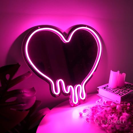 Heart Neon Sign Melting Mirror Sign Wall Decor Bedroom Girls Room LED Pink Heart Mirror Neon Light for Party, Studio Store Decoration, Birthday Gift