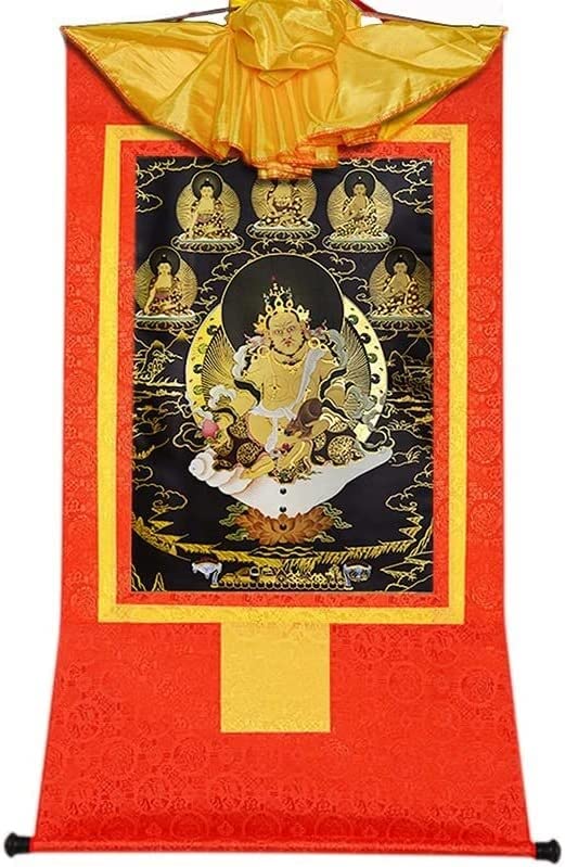 Thangka tibetana con brocado tradicional de Dzambhala, arte textil sacro texturizado