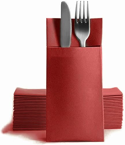 KLEENDOL Paquete de 50 servilletas de papel burdeos con bolsillo integrado para cubiertos desechables de papel de lino servilletas de tacto de lino
