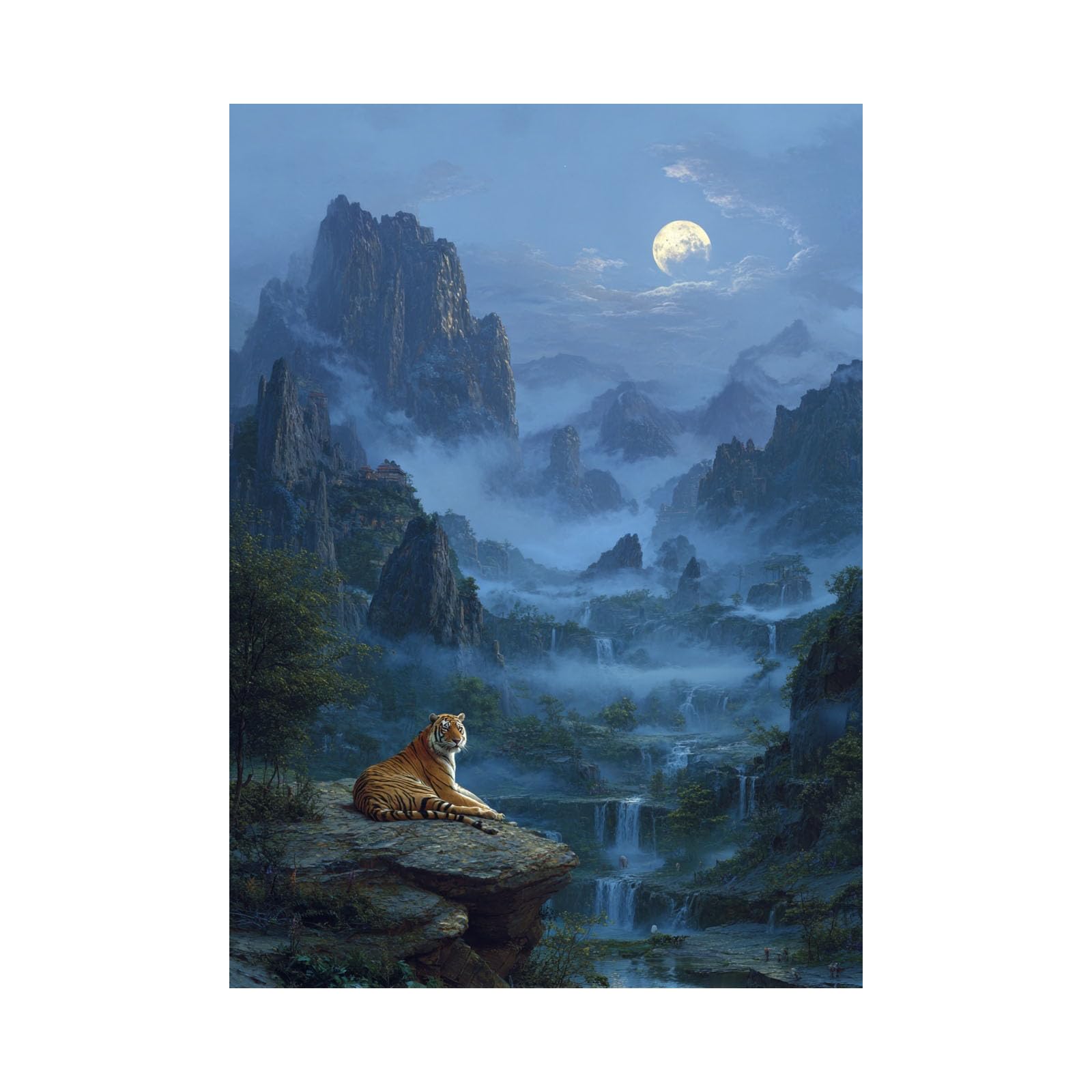 TERUEA Animal Bathroom Print Resting Tiger Moon Foggy Valley Mountain Waterfall Farmhouse Style Artwork for Kitchen Bathroom Bedroom Office Home Deration(Orange)-40x60cm Unframed