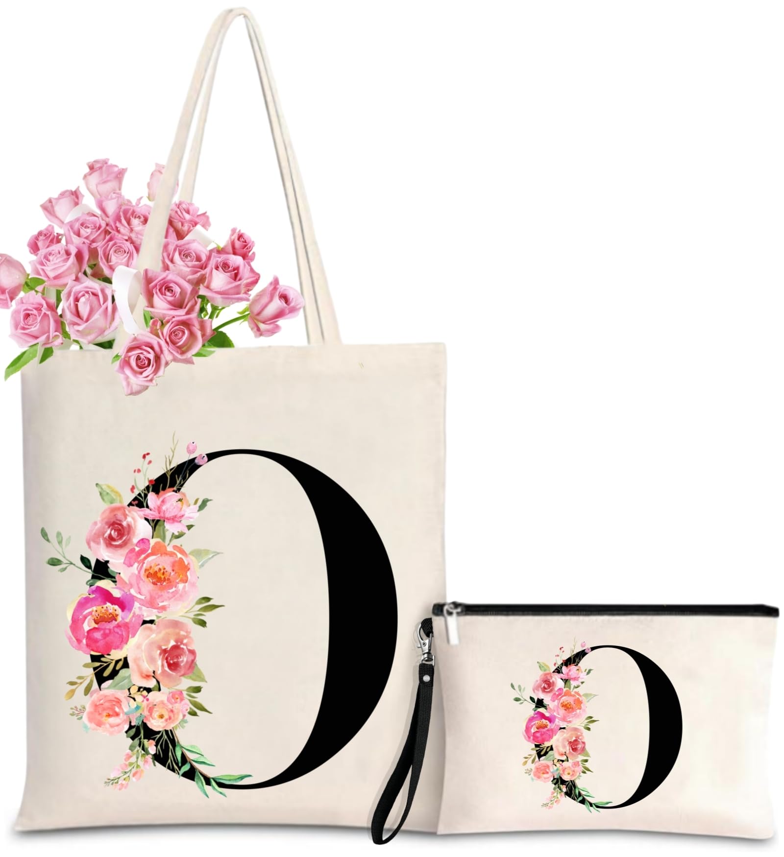 Initial Canvas Tote Bag for Women, Personalized Monogrammed Tote Bags with Makeup Gift Bag for Wedding Bridesmaids Birthday