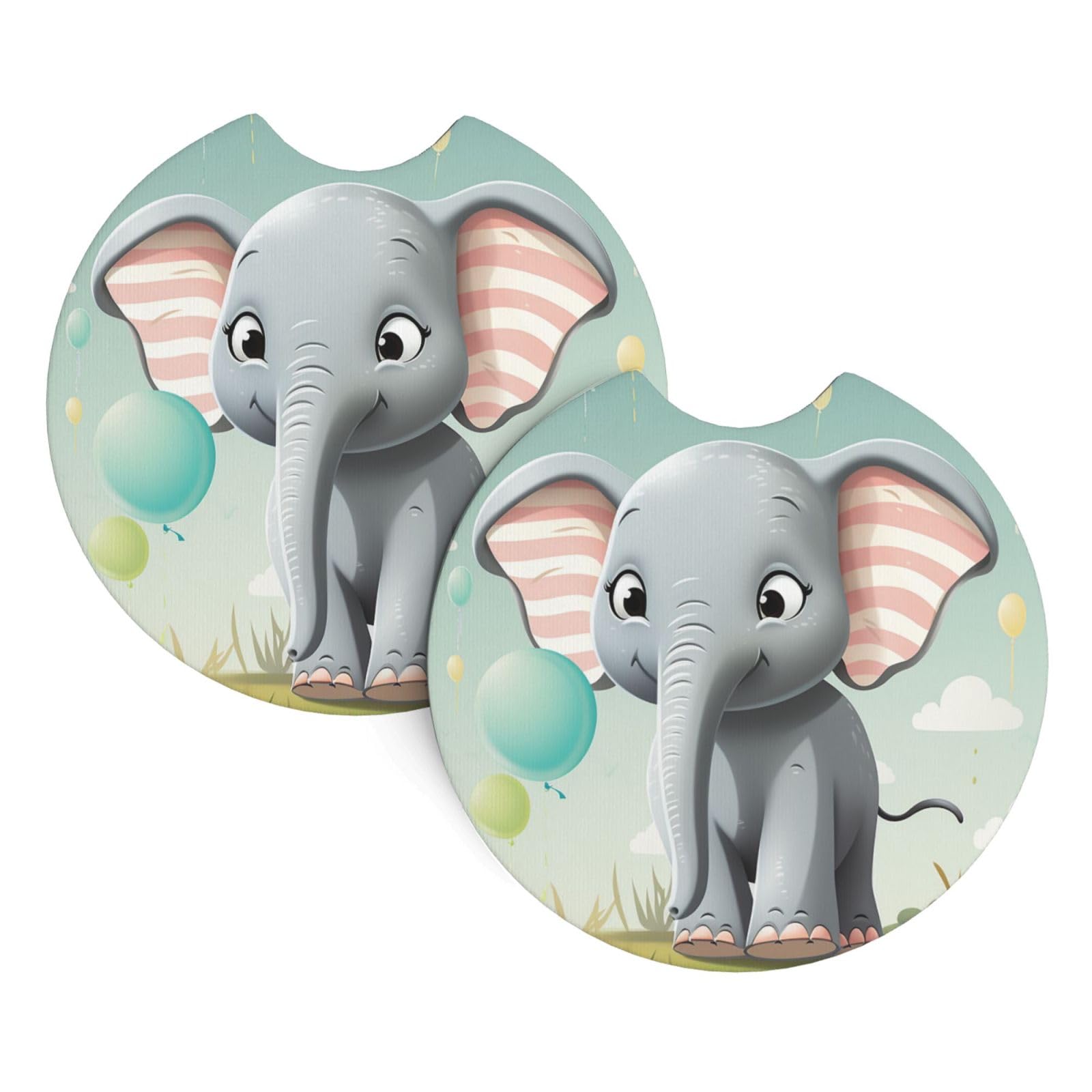 2 Pack Car Coaster for Cup Holders Lovely Elephant Car Cup Coaster 2.7" Neoprene Non-Slip Automotive Cup Mat Universal Auto Car Interior Accessories for Women Men Cup Pad