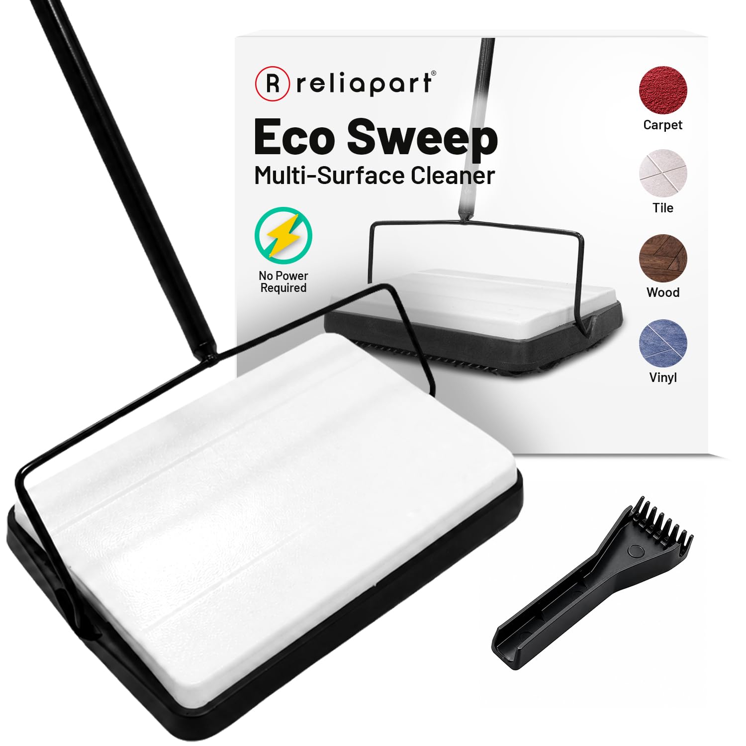 Eco Sweep Kehrmaschine für verschiedene Oberflächen, leicht, kabellos, für Teppiche, Fliesen, Laminat, Holz, Vinyl, kein Strom, mit rotierendem Borstensystem, für Staubkrümel und Schmutz