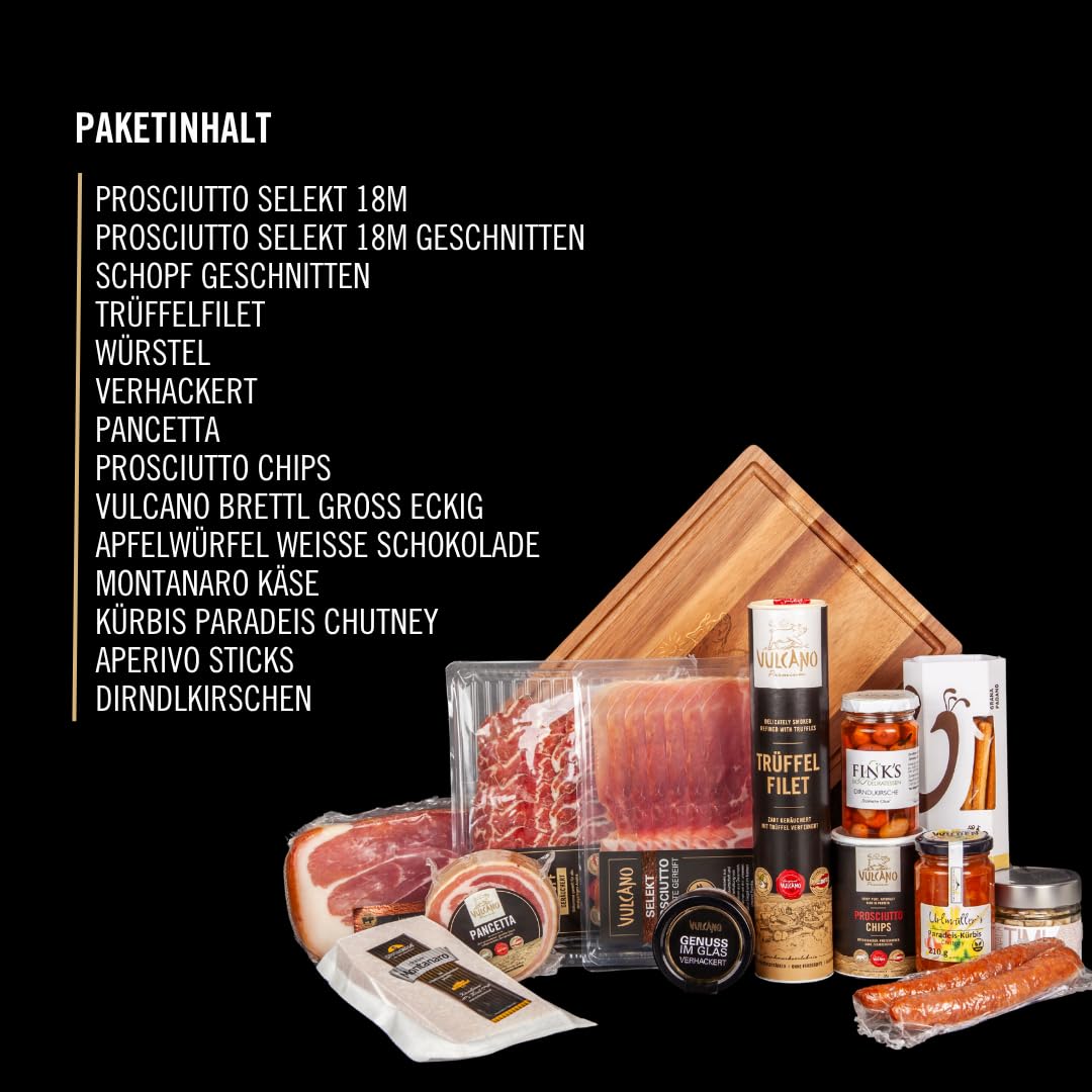 Vulcano Geschenkpaket Superlative – Premium Feinkost Geschenkset aus Österreich mit Schinken, Käse, Snacks & Süßigkeiten, handverlesen & stilvoll verpackt für Gourmets & Genießer