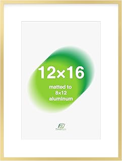 FrameWorks 12x16 Matted to 8x12 Picture Frame – Aluminum Frame w/Tempered Glass, Removable Mat for Photos, Posters, Art, Stylish Wall Frame for Home Decor, Gallery Walls, Office, Living Room - Gold