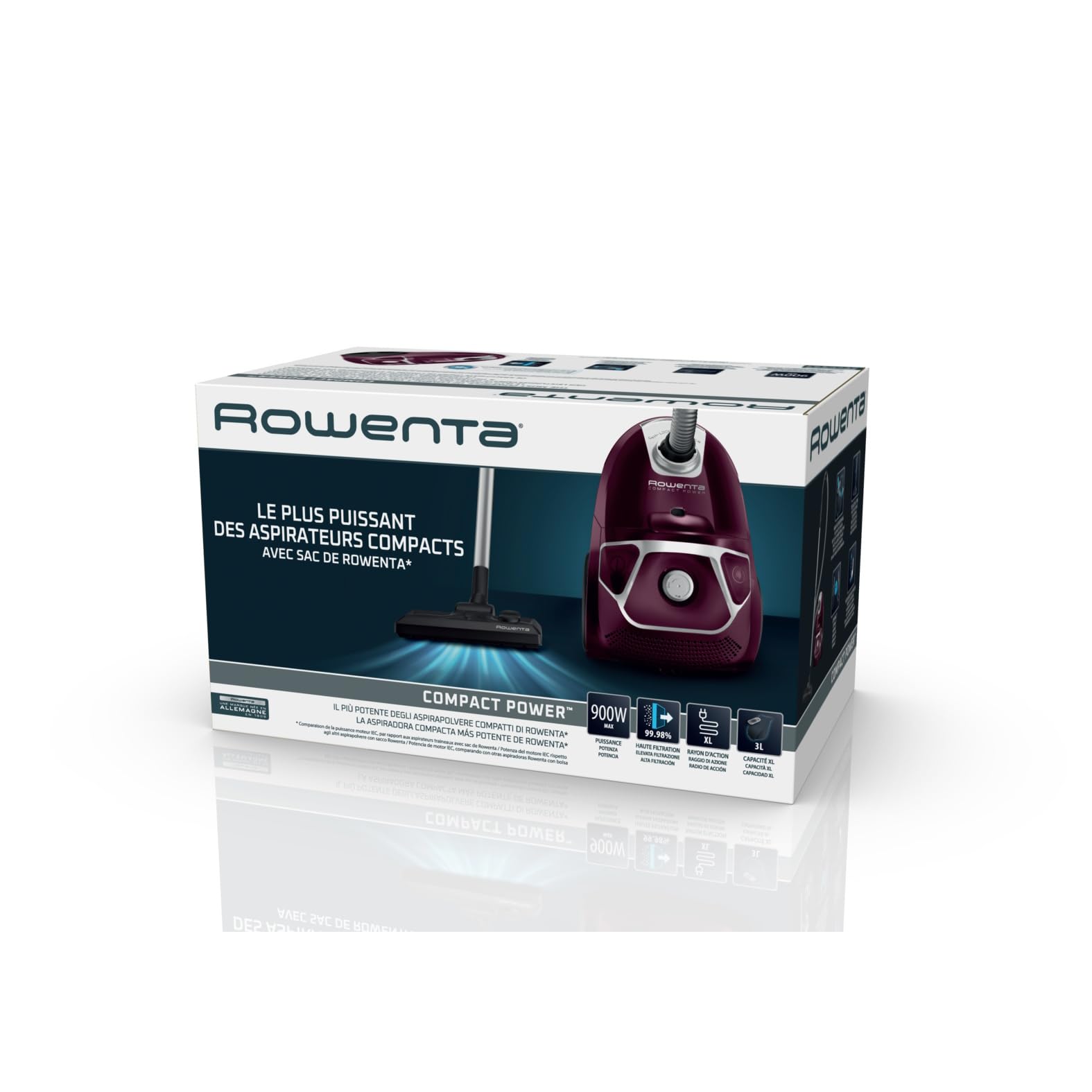 Rowenta Compact Power Aspirateur avec sac, Moteur basse consommation de 900 W max, Compact, Haute filtration, Capacité 3 L RO3969EA, Aubergine
