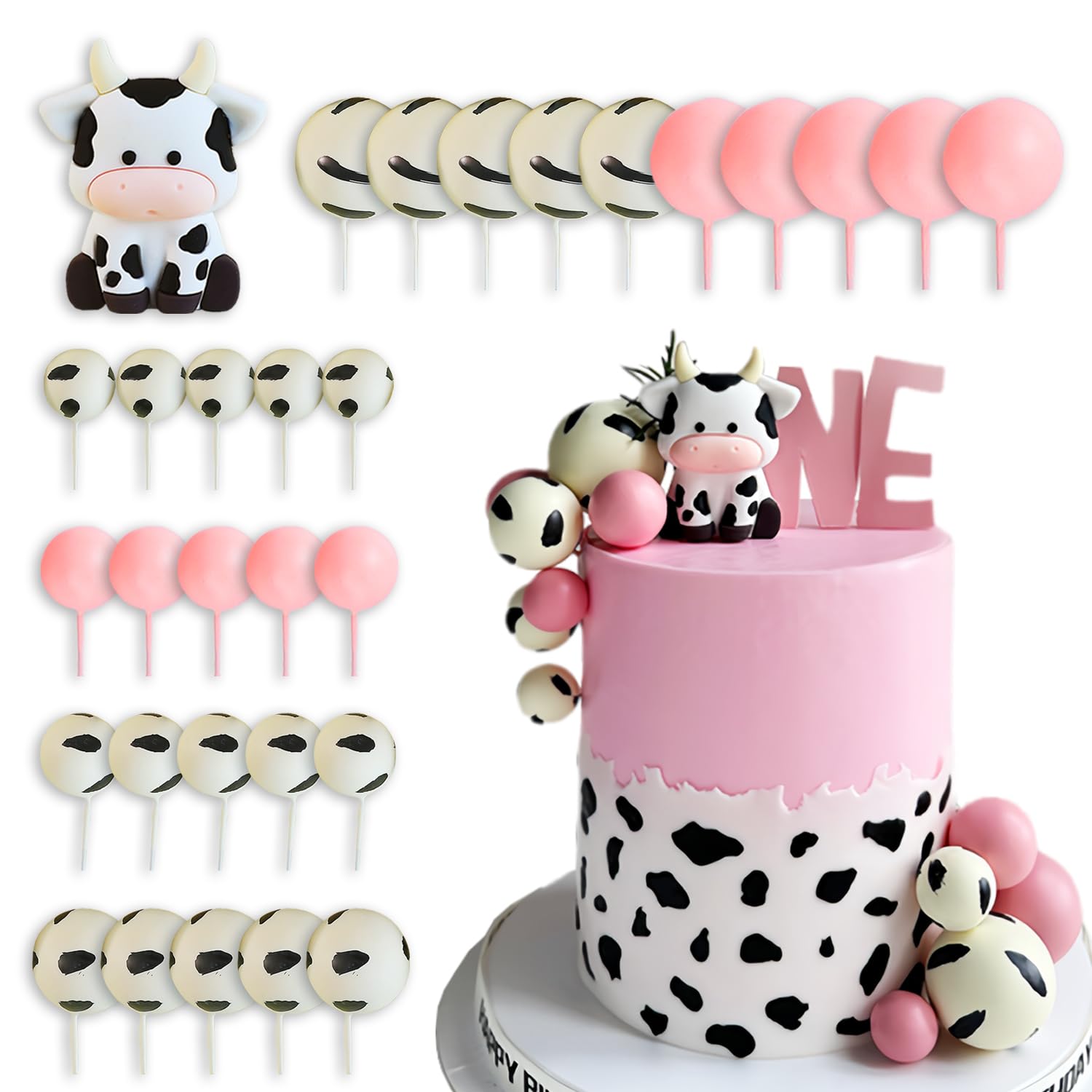 Cow-Themed Birthday Cake Decoration Set – 31 Pieces Including PVC Cow Figurine, Cow Spot Foam Balls in Various Sizes, Pink Foam Balls for Party Decorations