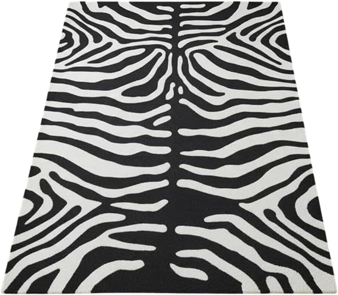 Handmade Wool Carpet Zebra Black & White | Bold Print Animal Print Rectangular Shape | Area Rug for Entryway Living Room Bedroom or Office Decor