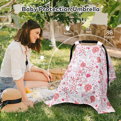 Image of Rquite Infant Car Seat Cover for Babies Girls, Muslin Cotton Carseat Canopy, Breathable Stroller Sun Shade, Baby Shower Gift & Newborn Essentials, Universal Fit Summer & Hot Weather (Pink Flowers)