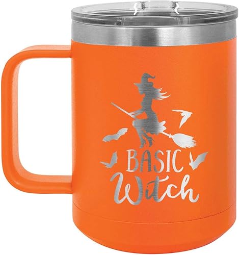 BÁSICO BRUJA NARANJA 15 oz taza de café wtapa superior deslizante Divertidos diseños de fiesta de Halloween e ideas de regalos de mujeres u hombres
