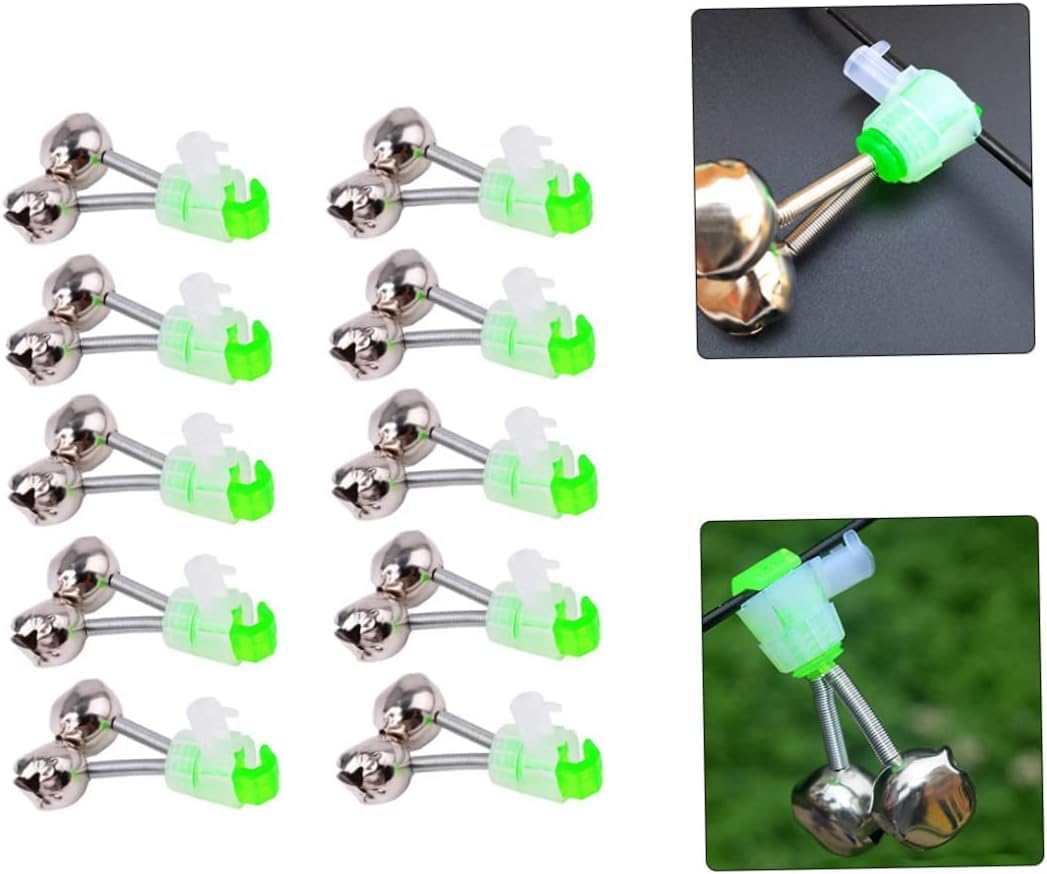 aoukoslt 10 Pcs 1.89 Inch Silver Fishing Rod Bells Double Bell Green Galvanized Fish Bite Alarm Portable Reusable Bite Indicator for Night Fishing Bite Indicators, Fishing Bells