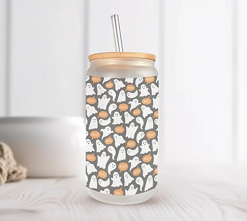 Miniatura 6 de Cute Little Ghost Frosted Glass Can with Bamboo Lid, straw and cleaning brush, 16 Oz Halloween Vibes Glass Cup Mugzan