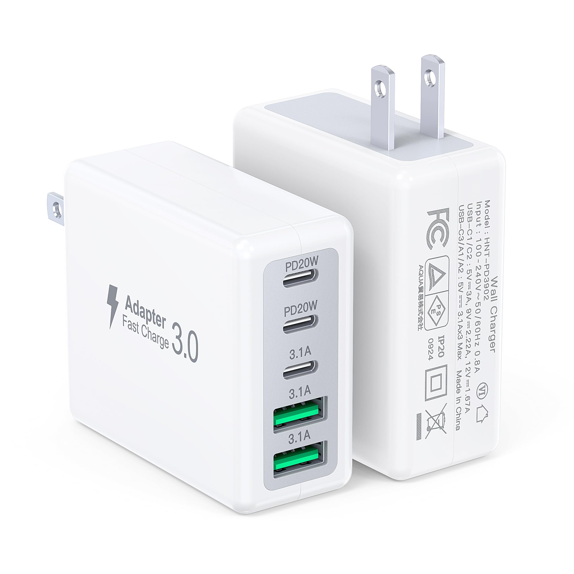 [2-Pack] USB C Wall Charger Block,50W 5-Port PD3.0 Type C Fast Charging Cube Brick,Multiport USB A Chargers Plug QC Power Adapter for iPhone 16/15/14/