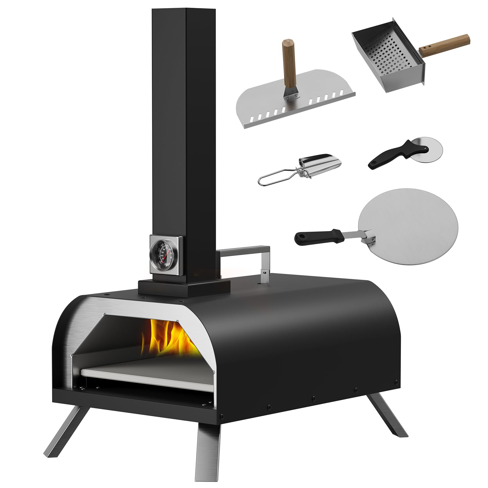 LotFun Outdoor Pizza Oven 11" – Portable Wood Fired Pizza Oven with Pizza Stone, Pizza Shovel and Pizza Cutter, Stainless Steel Pizza Oven for Backyard Patio