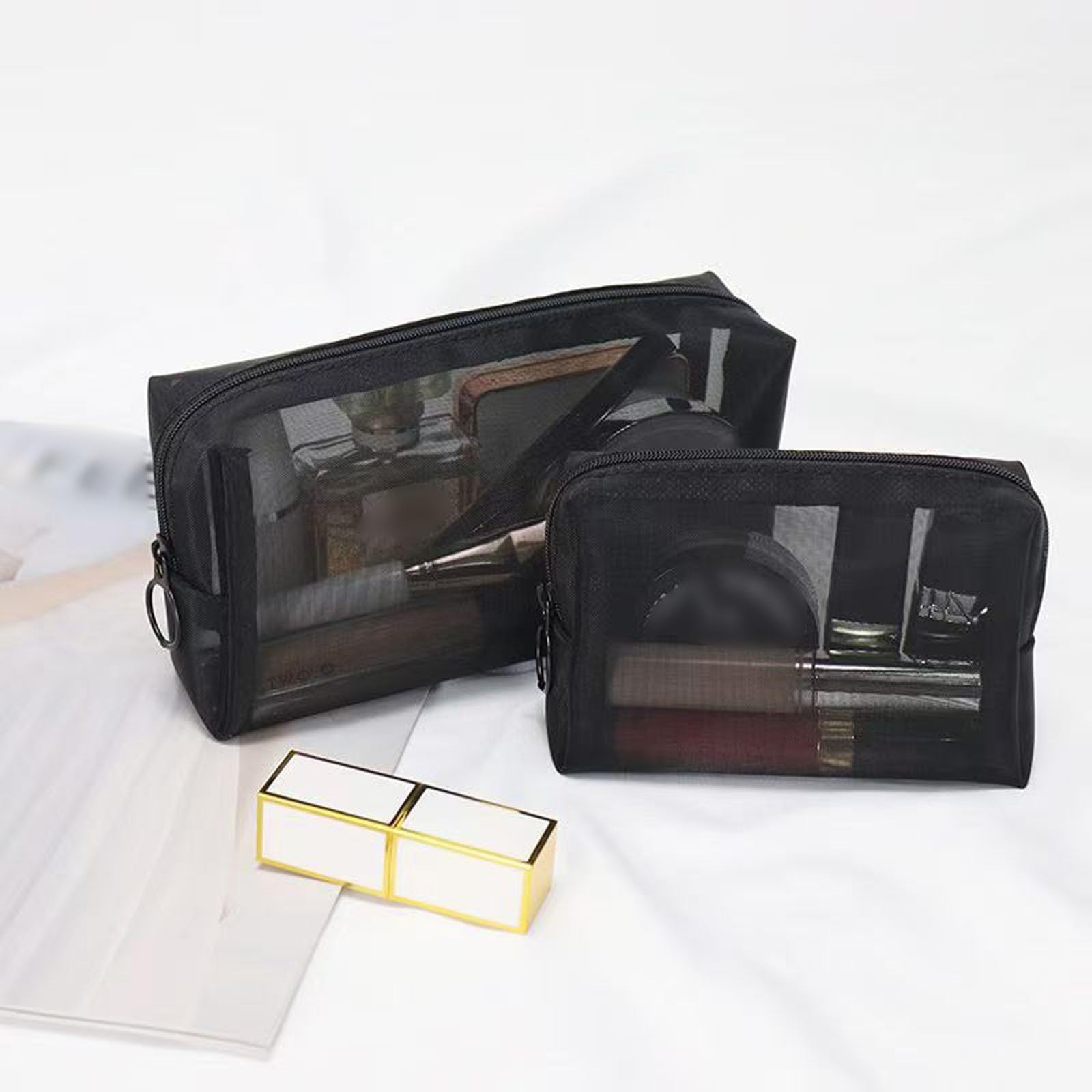 15x10x5CM,Kulturtasche Damen Transparent – Kosmetiktasche Klein mit Netzstoff, Schminktasche Aufklappbar für Reise & Flugzeug, Makeup Bag Organizer im Clean Girl Stil, Toilettentasche Handgepäck