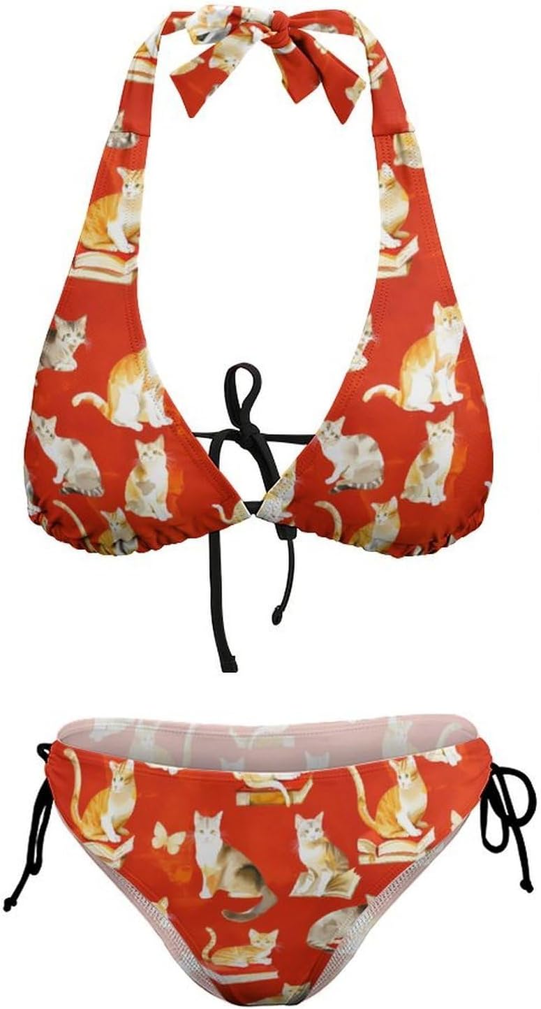 Watercolor Cats and Books Novelty Women's 2 Piece String Bikini Set Swimsuits Bathing Suit Swimwear