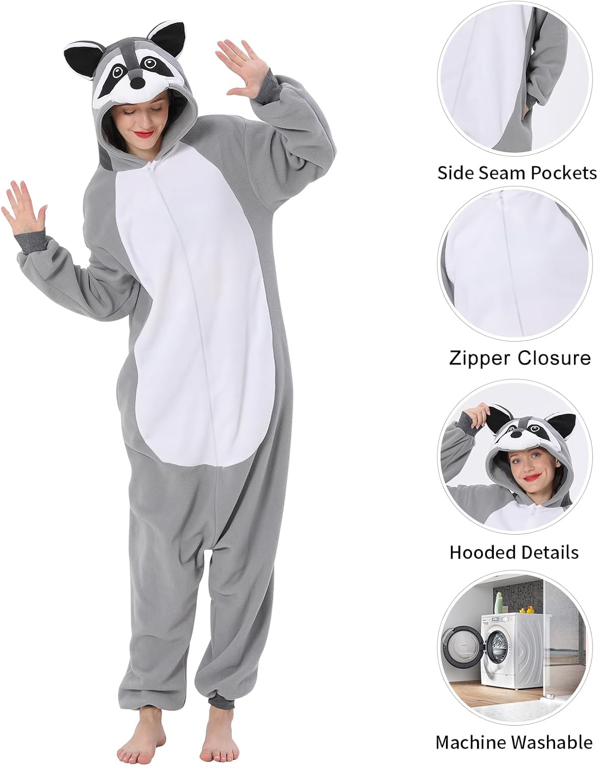 Raccoon Adult Onesie Unisex Pajamas Animal Cosplay Christmas Halloween Costume Cartoon Sleepwear for Women Men - Image 2