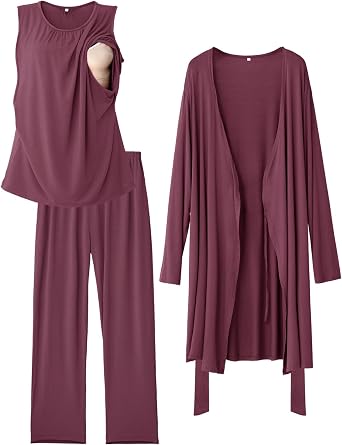 Rnxrbb Nursing Pajamas Robe Set for Women Breastfeeding Postpartum Pajama Gown for Hospital Maternity Pj 3 PCS