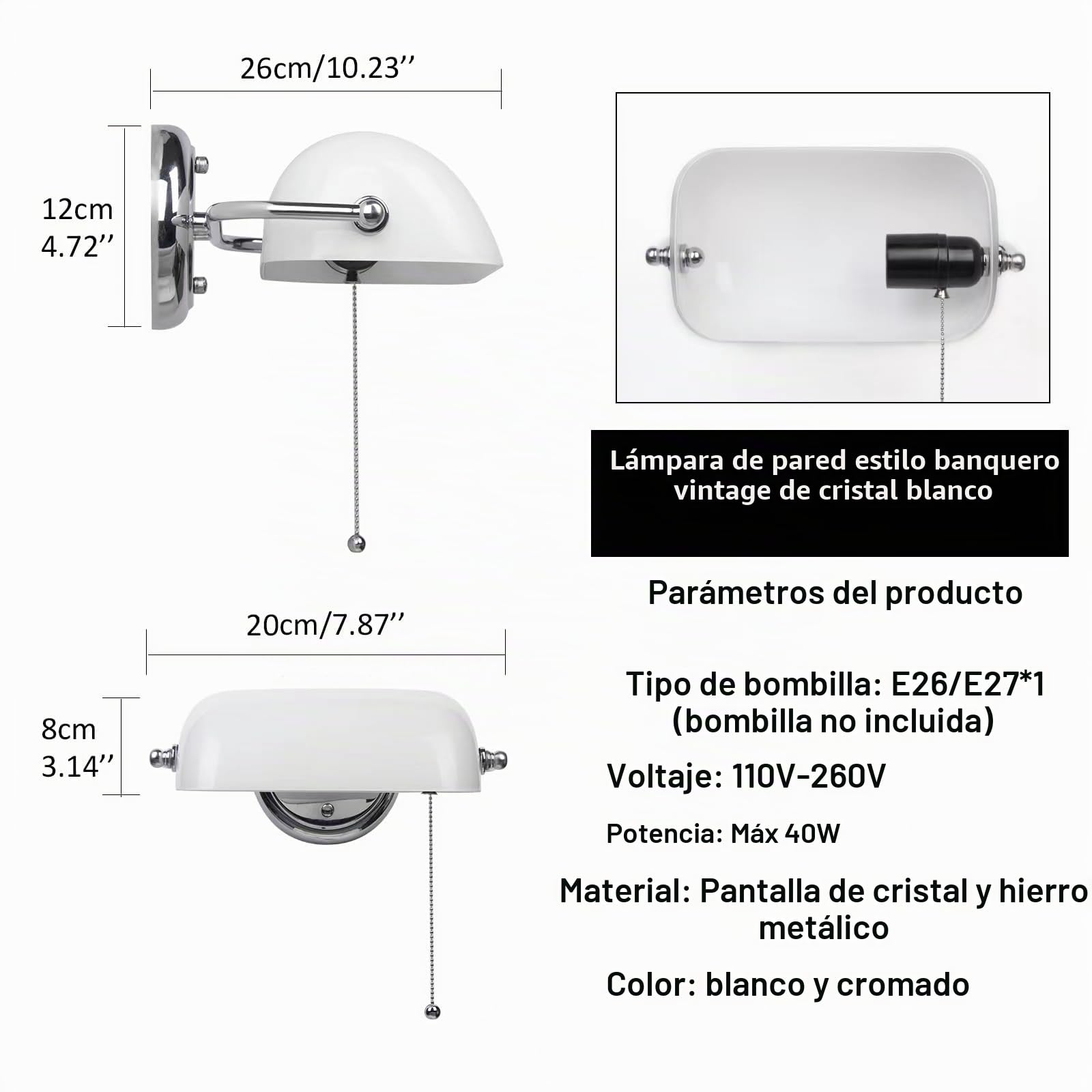 FIRVRE Banquero Lámpara de Pared Blanco Tradicional Europeo Clásico con Pantalla Retro Ajustable e Interruptor Apliques de Cadena Para Dormitorio Pasillo Biblioteca Sala De Estudio
