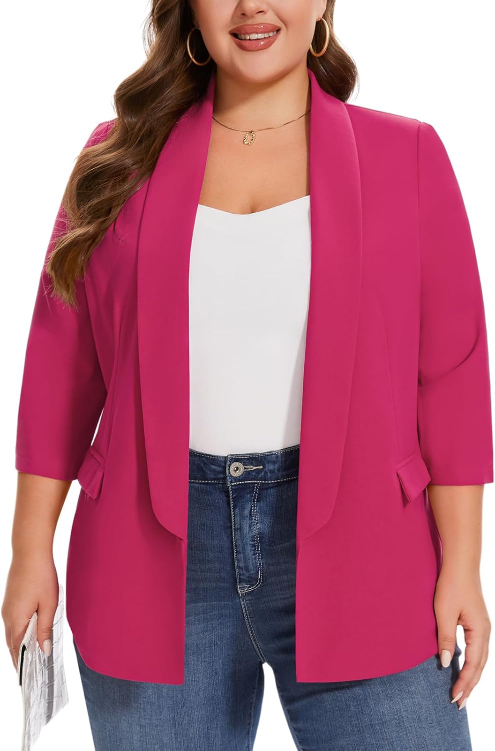 MINTLIMIT Plus Size Blazers for Curvy Women 3/4 Sleeve Shawl Collar Open Front Suit Blazer for Bussiness Casual (Hot Pink,4XL) - Image 3
