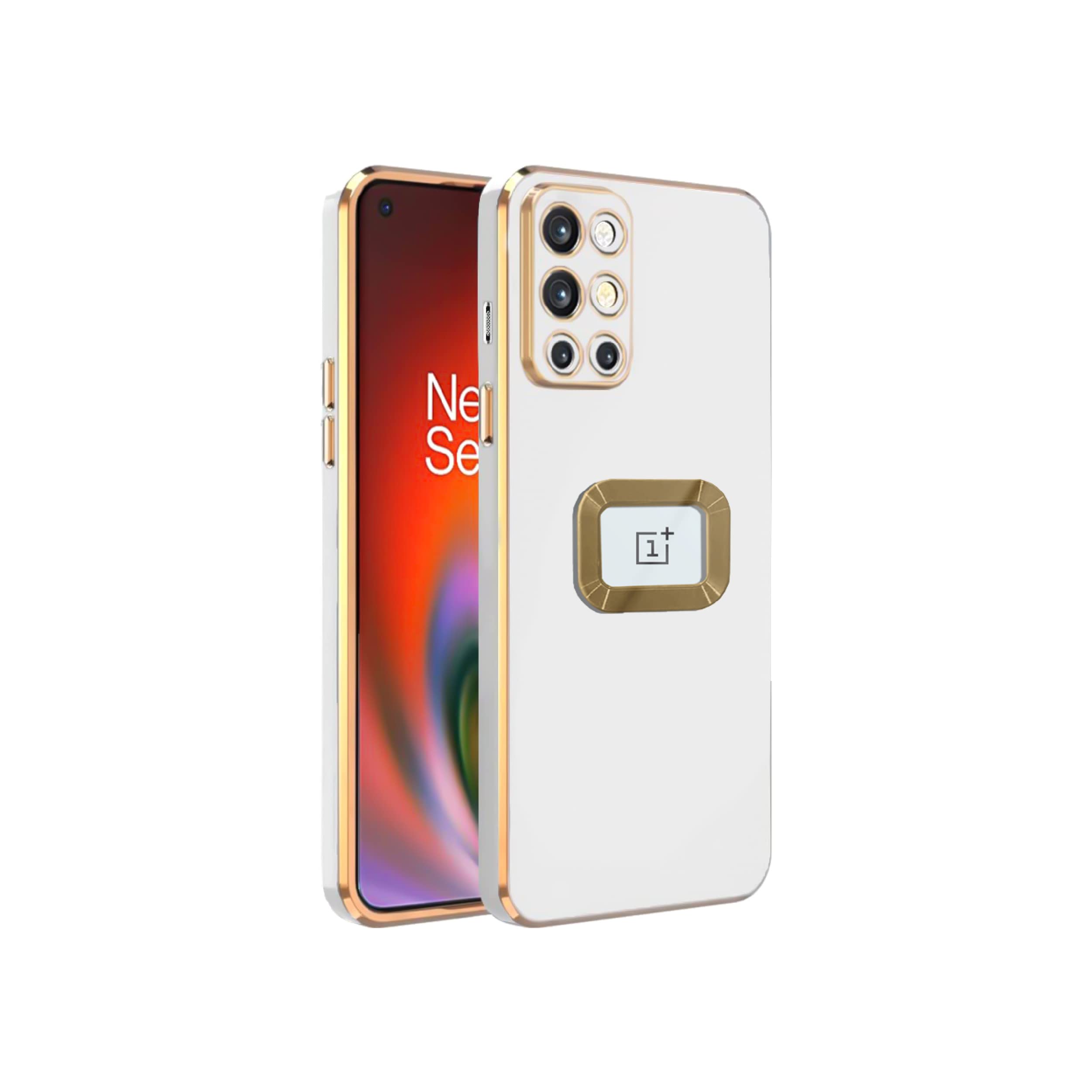 GetTechGoLogo View Back Case Cover Compatible for OnePlus 8T | Gold Electroplated Frame | Slim Shockproof | Soft TPU (White)