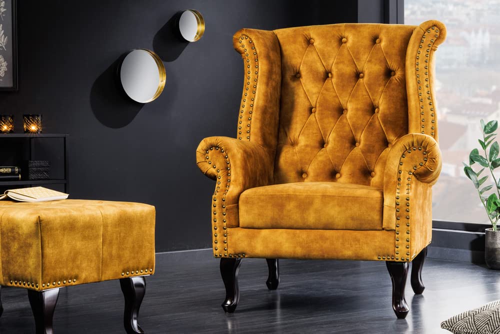 Riess Ambiente Design Ohrensessel Chesterfield 85cm senfgelb Samt Knopfheftung Sessel Polstersessel
