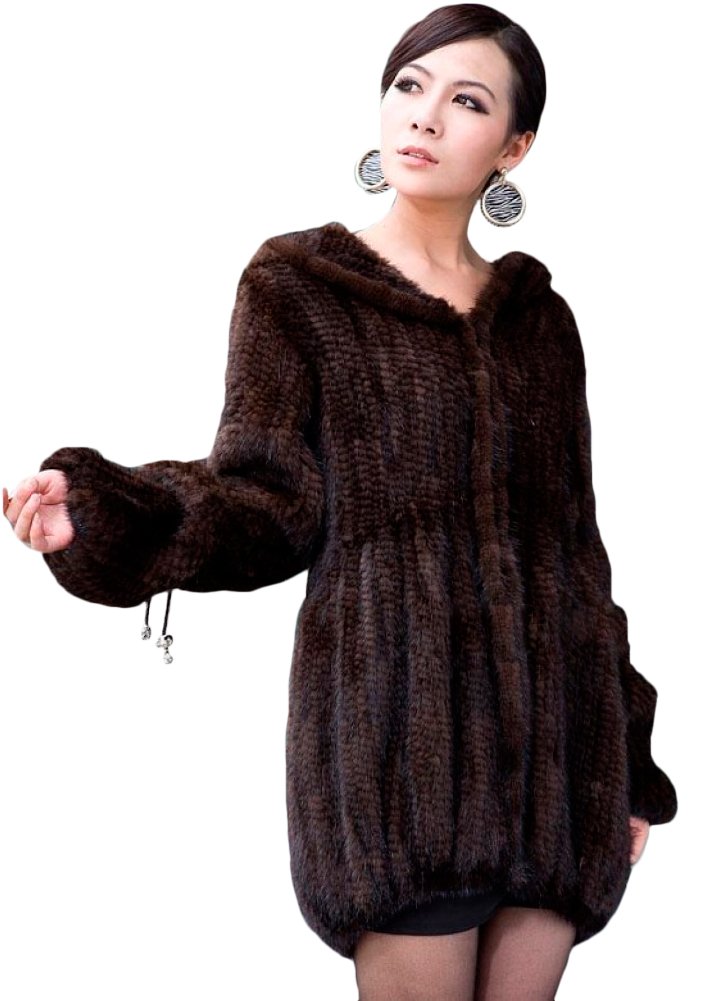 Queenshiny Long Women's Real Genuine Knitted Mink Fur Coat Jacket with Hood