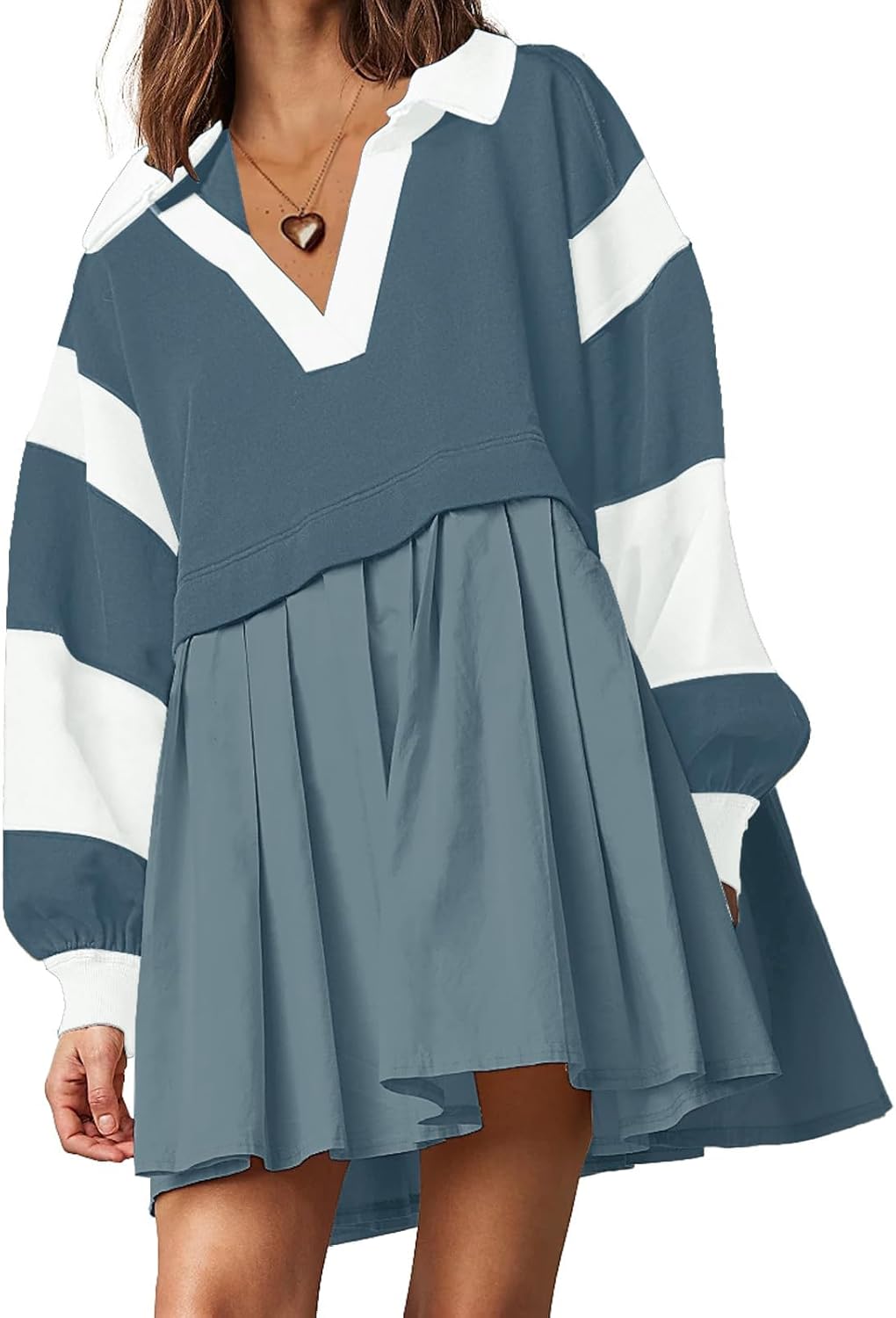 SAUKOLE Women’s Oversized Casual Sweatshirt Patchwork Dress Fall Long Sleeve Trendy Lapel Neck Pleated Mini Dress