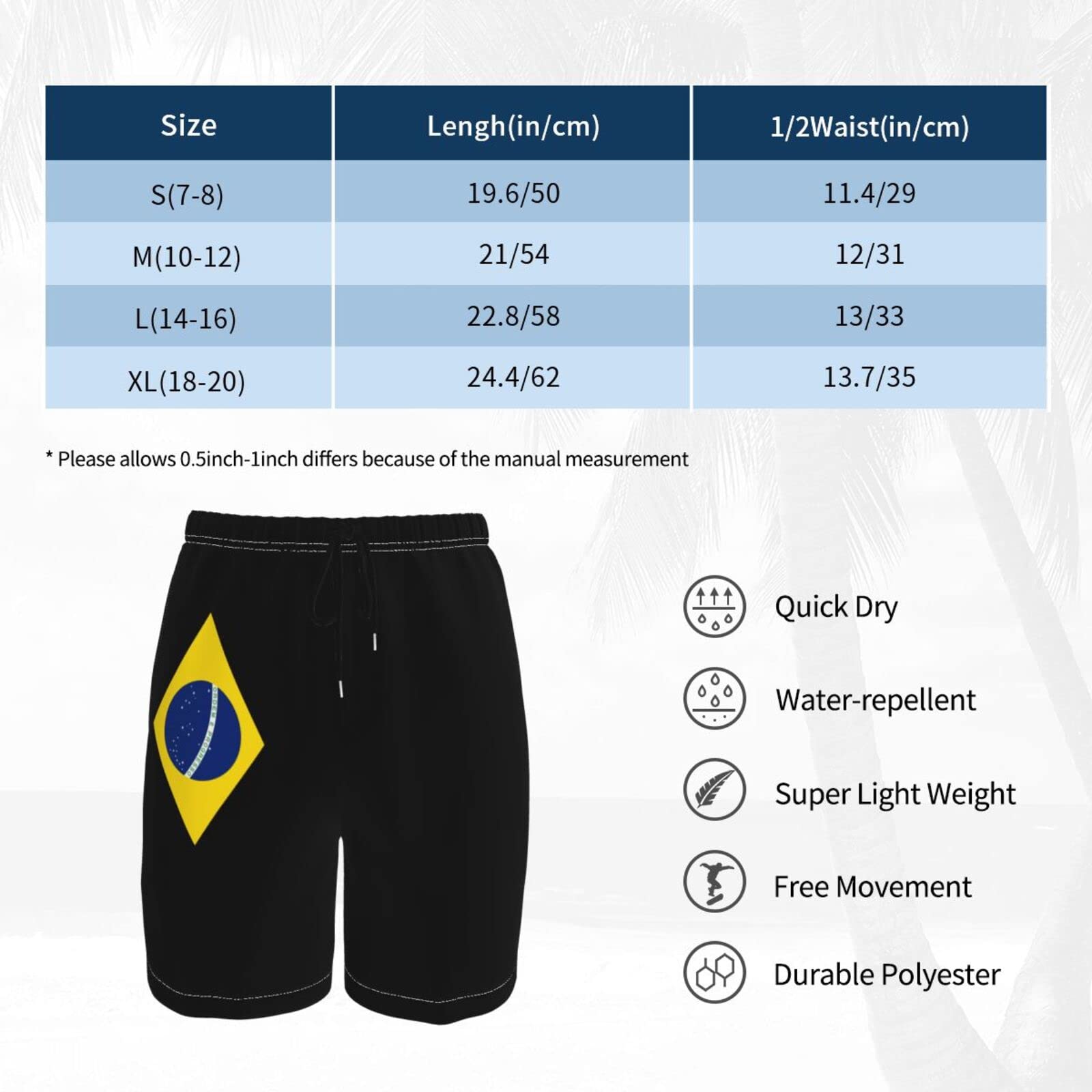 AHMOVOMAH Brazil Flag of Brasil Teen Boy Girl Beach Shorts Trunks Swim Boardshorts Surf Swimwear Pants Medium White