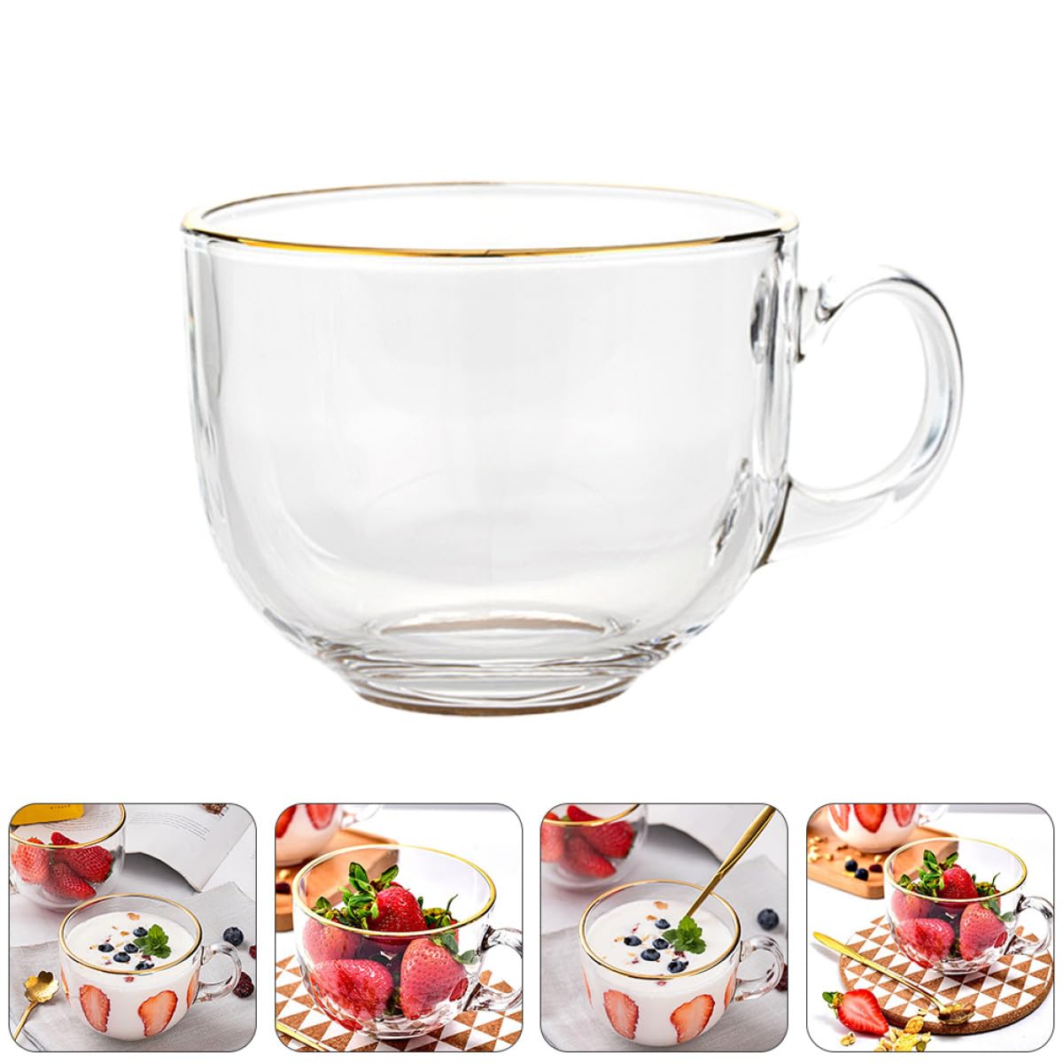 HOMSFOU Set da 3 Tazze di Vetro Trasparente Bordo Dorato, Tazze da Latte e Caffè Manico, Bicchieri per Colazione e Bevande Calde per Casa, Ufficio e Bar