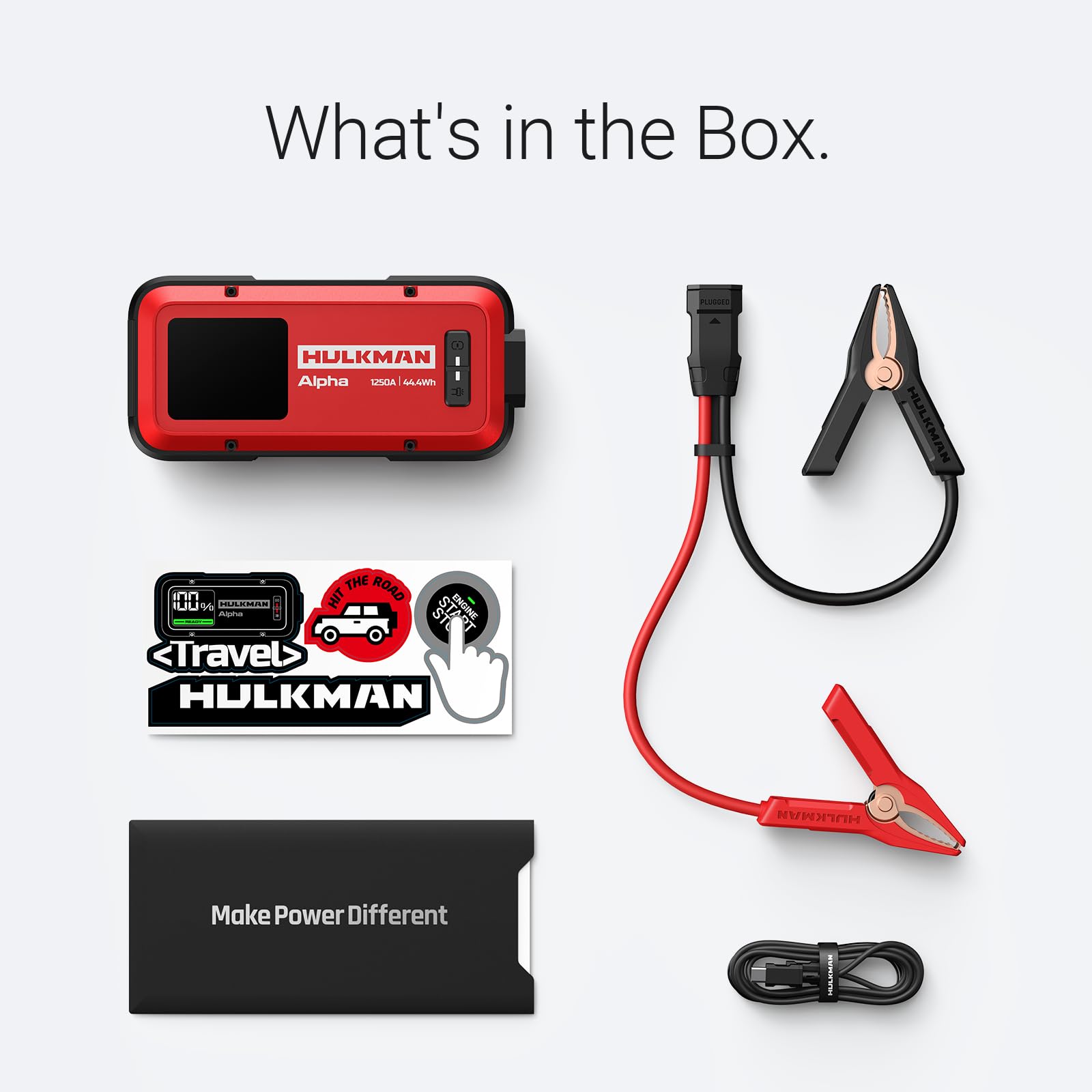 HULKMAN Alpha Ultra Red, Avviatore di Batteria Portatile 1250A 44.4Wh, Jump Starter 12V per Auto Moderne con Cavi, per Motori Benzina 7.0L / Diesel 4.0L, Grado di Protezione IP65, Ampio Schermo LED