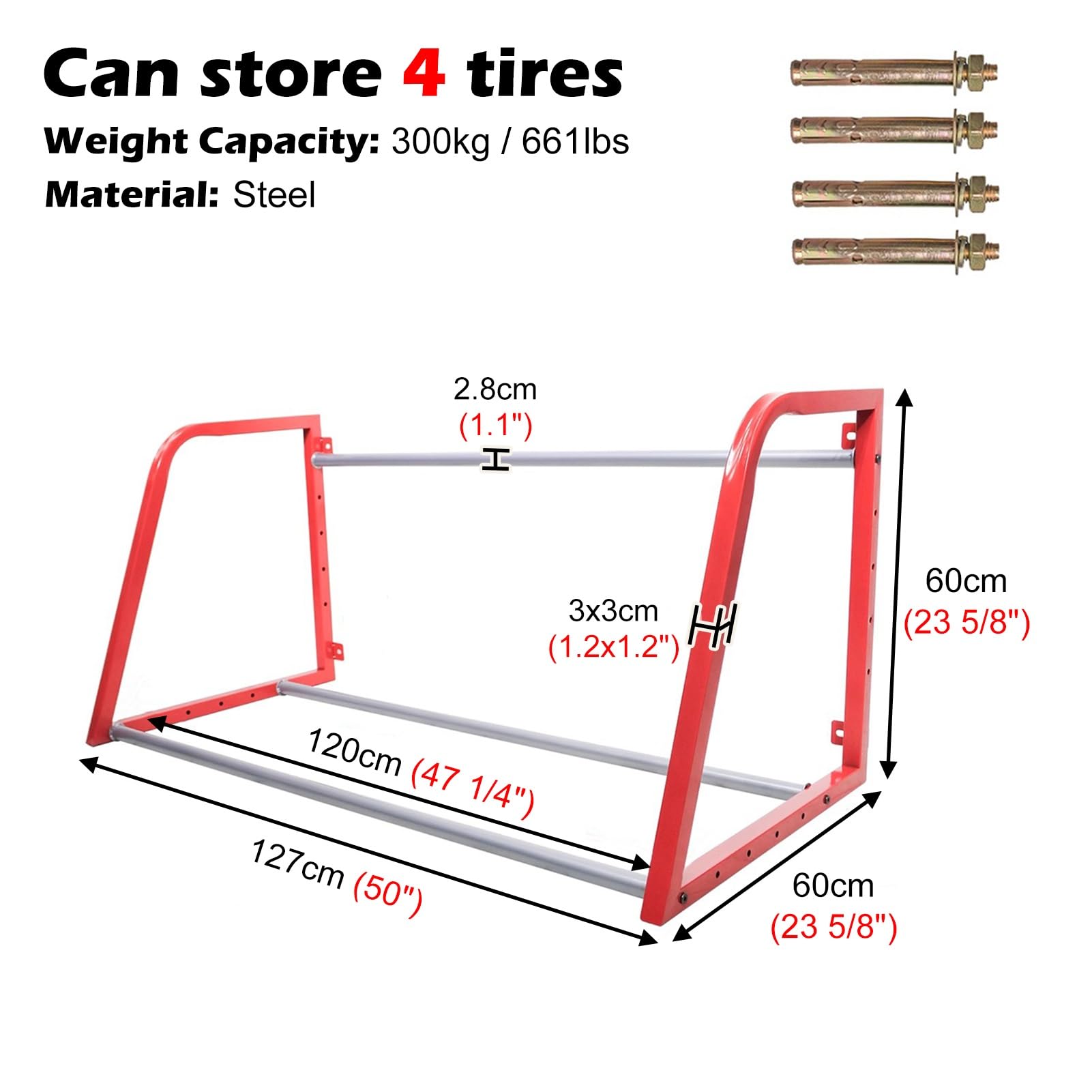 Porta Gomme Auto da Garage Supporto per Pneumatici da Parete, Contiene 4 Pneumatici, Ripiano per Cerchi/pneumatici per Garage, Supporto per Ruota di Scorta in Acciaio, Espositore per Pneumatici per Au