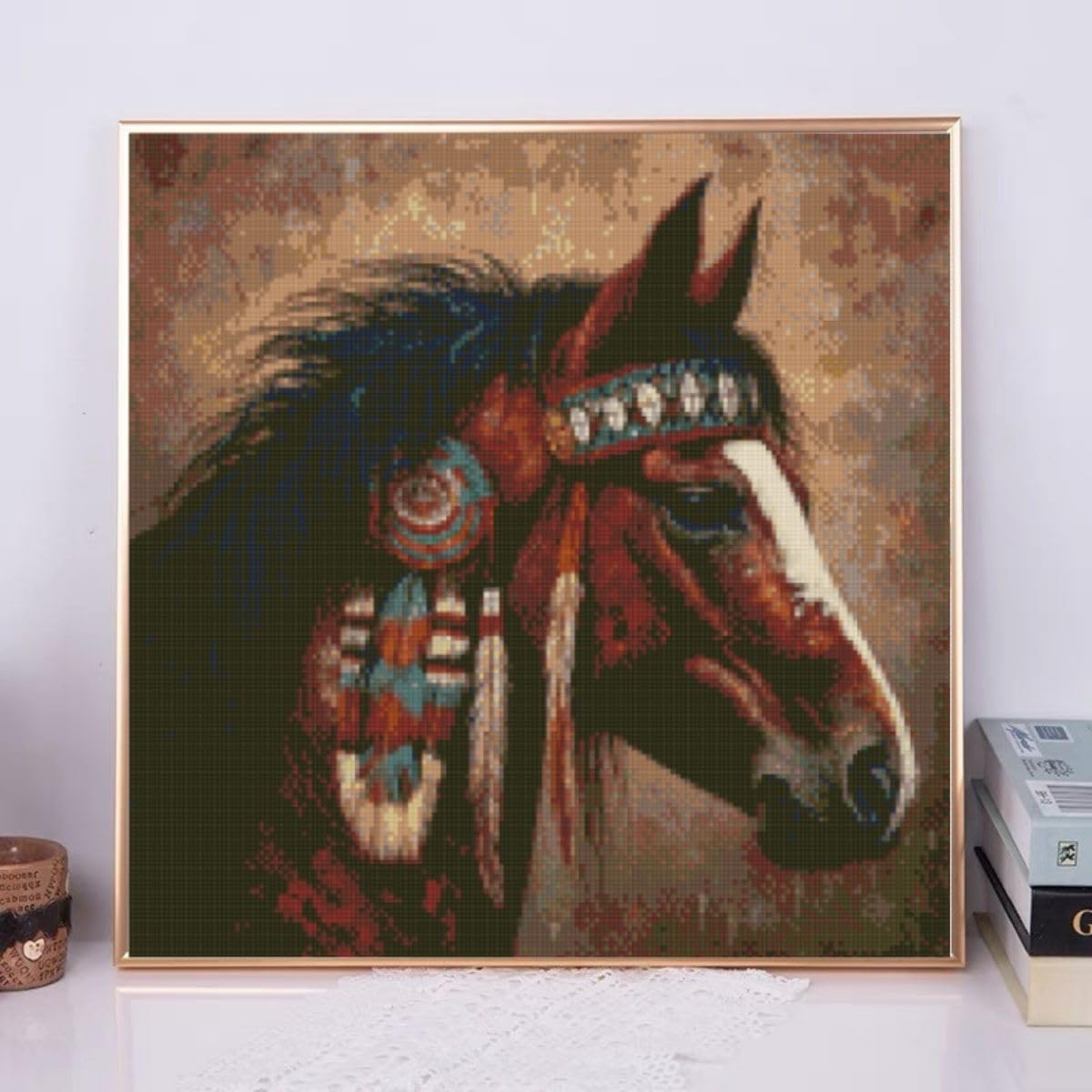 Generic DIY American Native Indian War Horse DIY Stamped Cross Stitch Kits for Beginners Easy 11CT Needlepoint Embroidery Counted Cross Stitch Kits Art Craft Wall Decoration and Gift 16x16inch