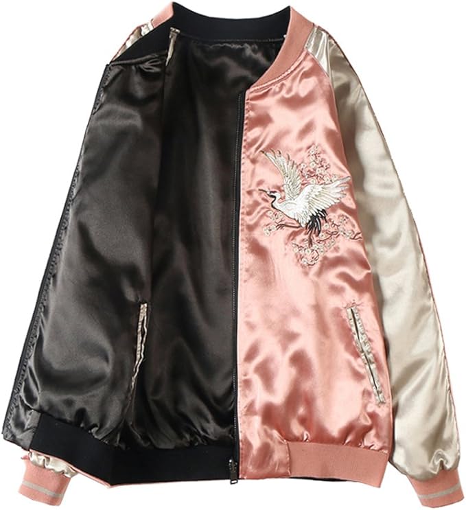 Amazon Habille レディース ピンク ブラック 鶴 桜 無地 スカジャン 横須賀 リブブルゾン ラグラン ストリートスタイル おまけ付 ピンク コート ジャケット 通販