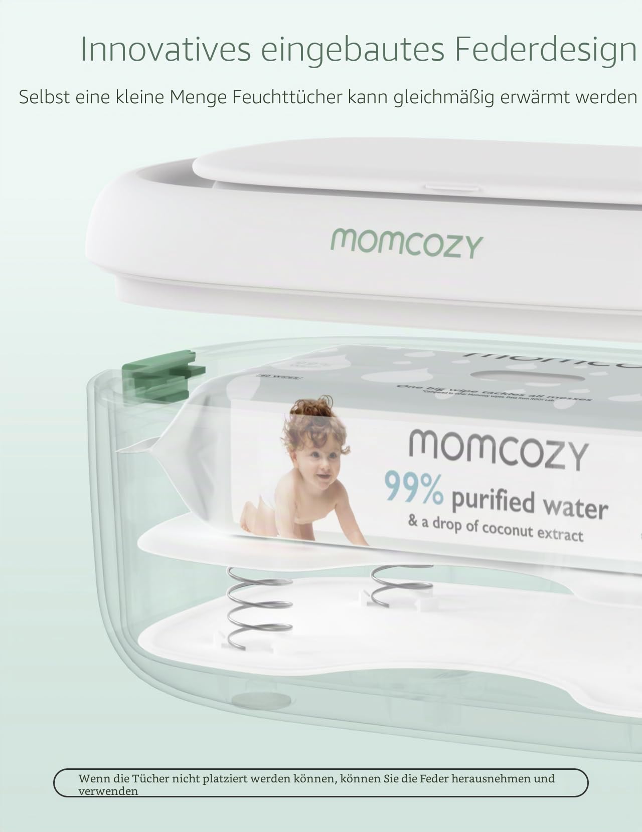 Momcozy Feuchttücherwärmer, innovatives Frühlingsdesign, Feuchttücherspender mit großer Kapazität, schnelles und gleichmäßiges Erhitzen, 4 Modi der Temperaturheizung, Windeltücherwärmer mit Nachtlicht